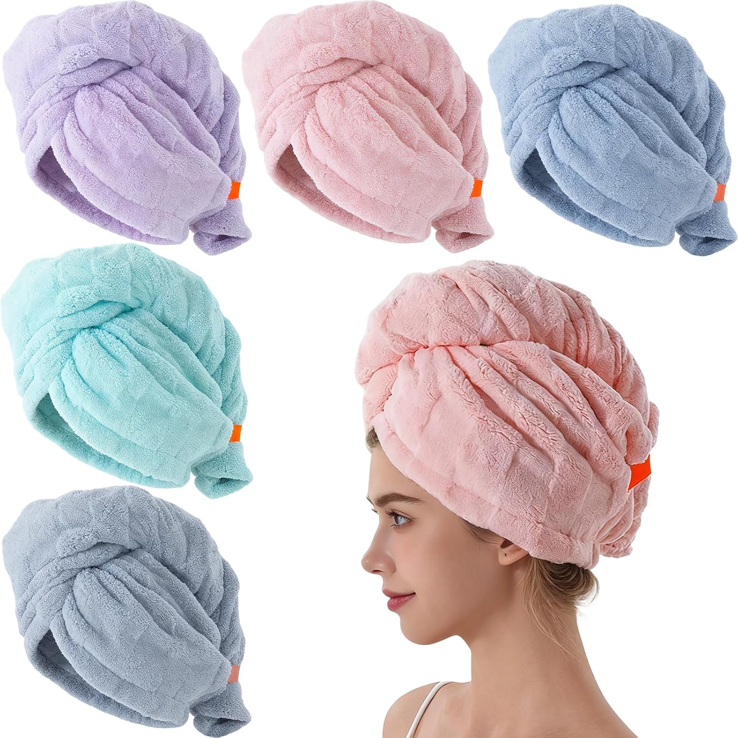 5Pcs Soft Microfiber Hair Drying Towel for Women Girls, Super Absorbent Quick Dry Towel for Curly Long Thick Hair Turban for Wet Hair (Style A)