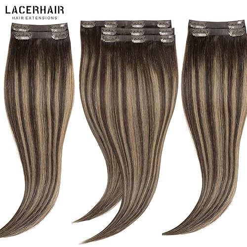 Vista 177 de Lacer Extensiones de cabello humano con clip, de doble trama, cabello brasileño de cabeza completa, color negro azabache, extensiones de cabello