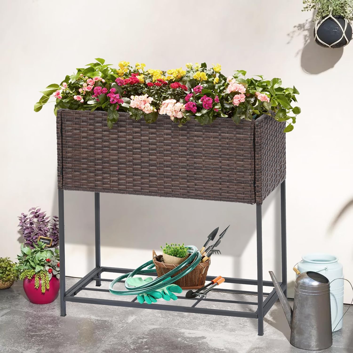 LEWIS&WAYNE Raised Garden Beds Outdoor with Legs Handmade Wicker Planter Box with Removable Liner & Storage Shelf Elevated Garden Bed for Vegetable Flower Herb - Brown