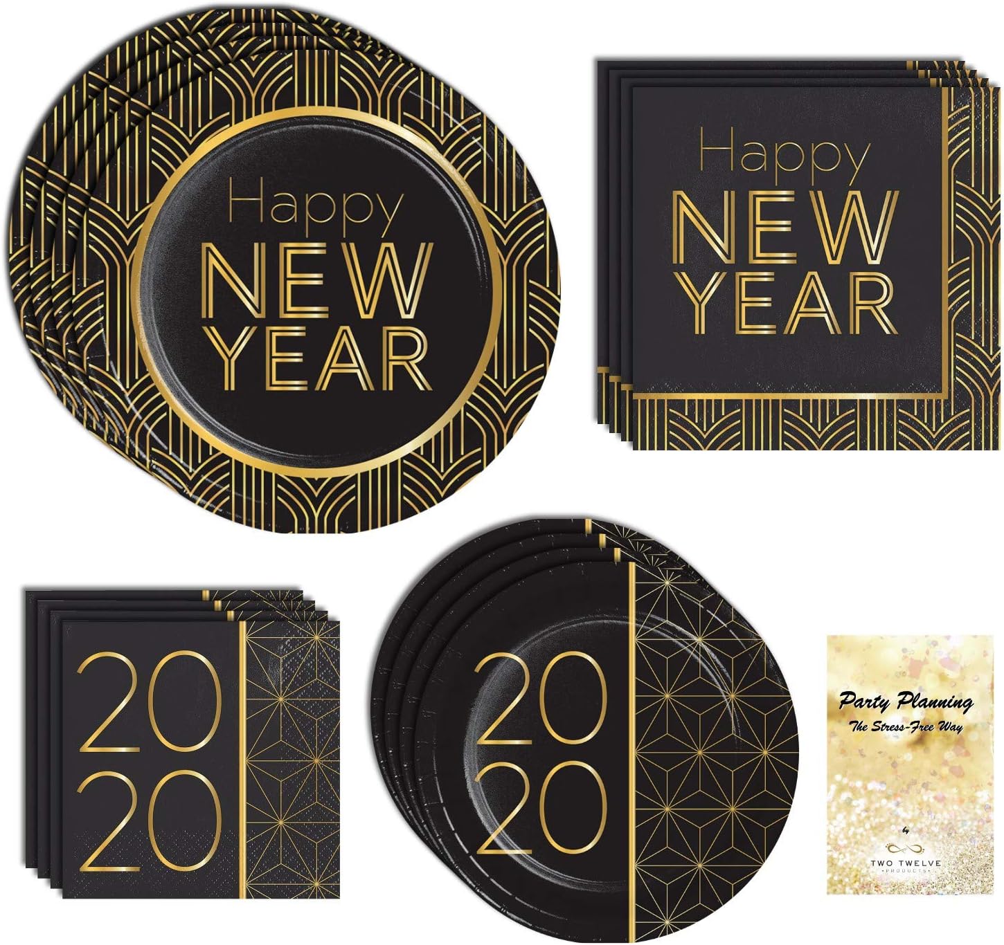 New Years Eve Party Supplies, Black & Gold Art Deco Design, 16 Guests, 65 Pieces, Disposable Paper Dinnerware, Plate and Napkin Set