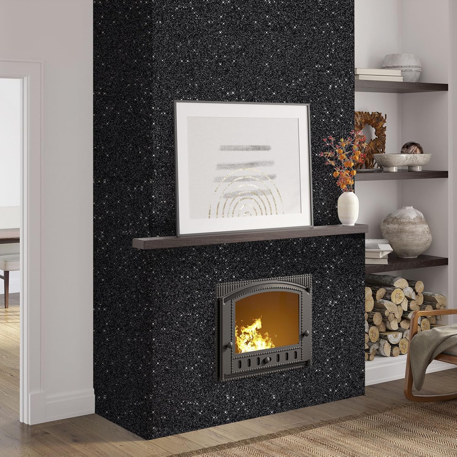 Black Glitter Peel and Stick Wallpaper 17.3" x 480" Sparkly Contact Paper Gift Wrapping Paper Removable Self-Adhesive Bling Wallpaper DIY Decorative for Bedroom Living Room