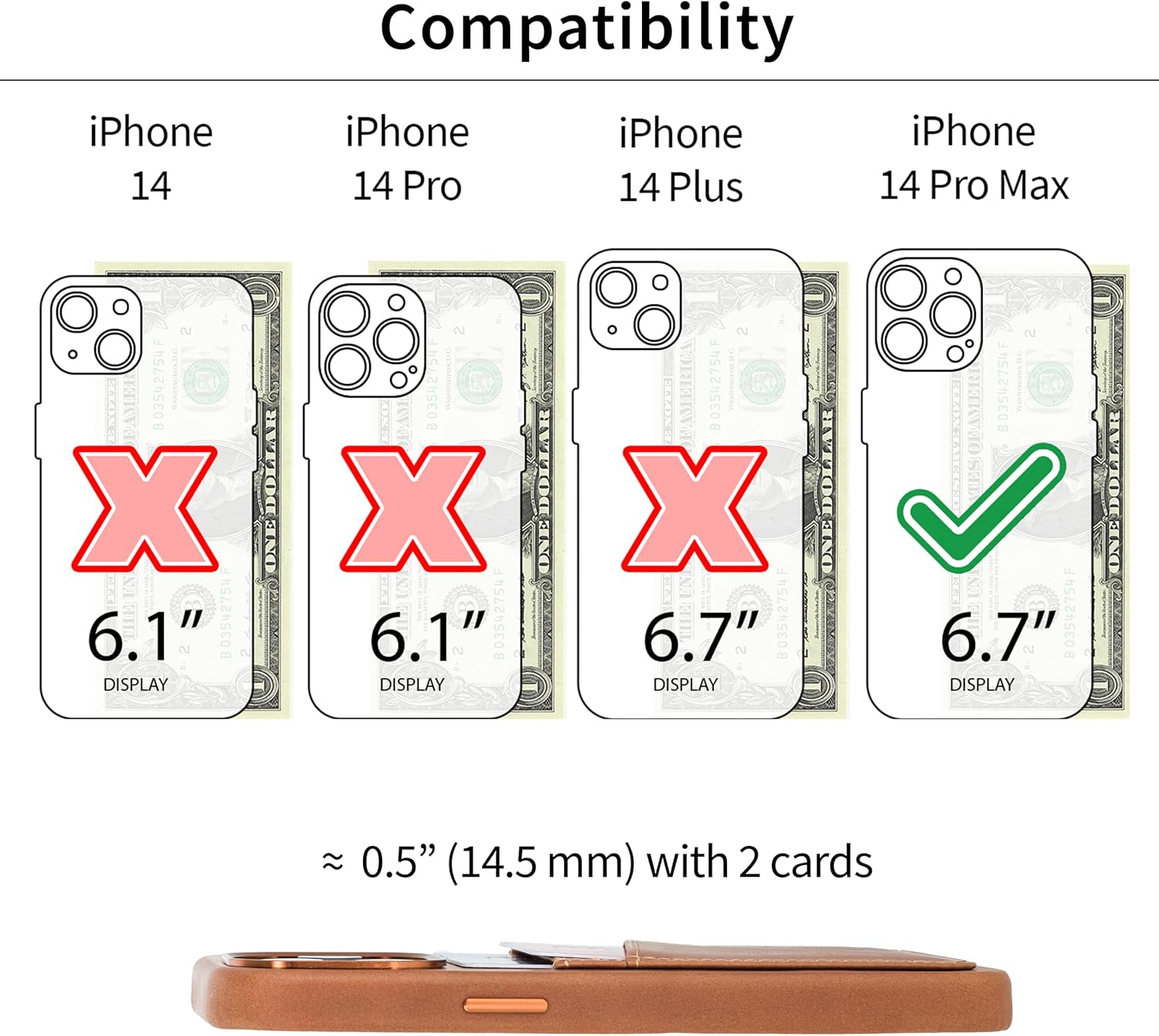 Dockem Genuine Leather Card Case for iPhone 14 Pro max with Built-in Metal Plate for Magnetic Mounting, Stitched-on Wallet with 2 Holder Slots (Light Brown, M2GL)