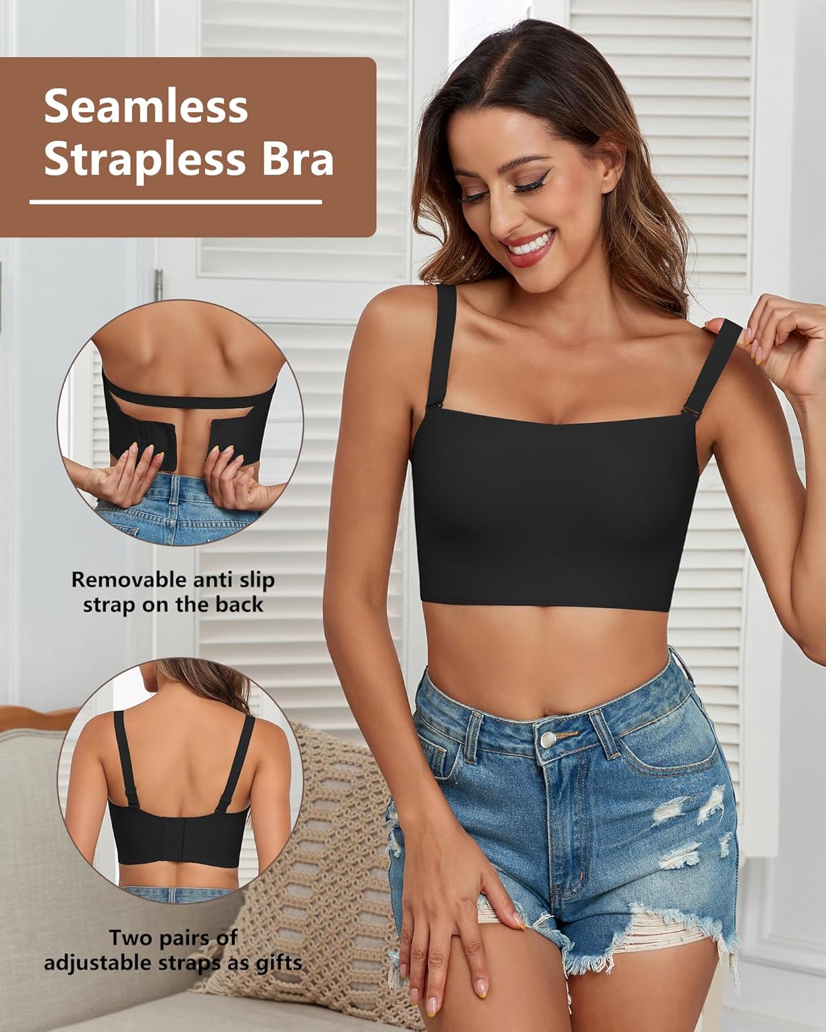 Strapless Bras for Women Non-Slip Silicone Bandeau Bra Seamless Wireless Strapless Bra Padded with 1 Pairs Straps - Image 2