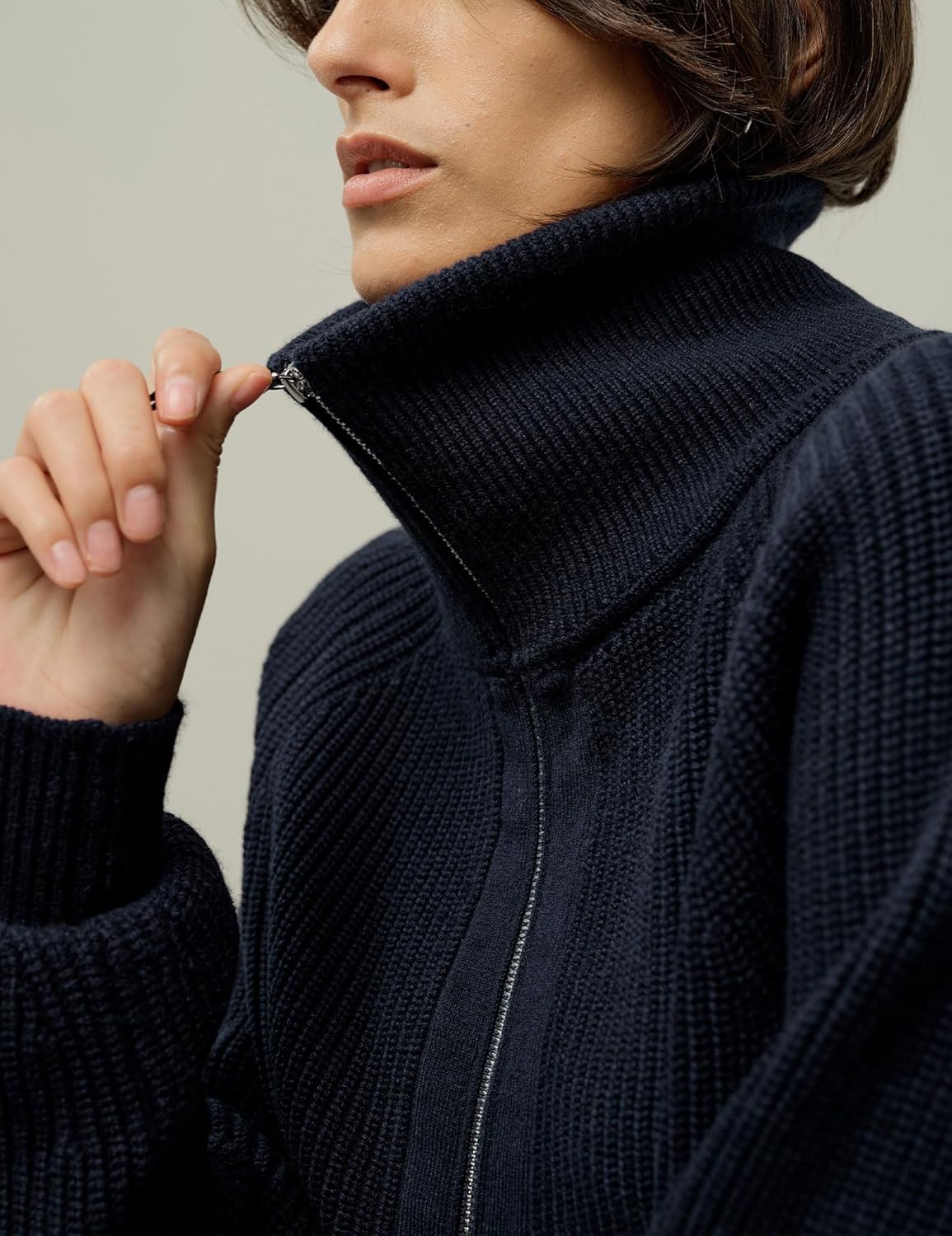 LilySilk Women Wool Cashmere Cardigan Stand Collar Zipper Sweater Warm Top Soft