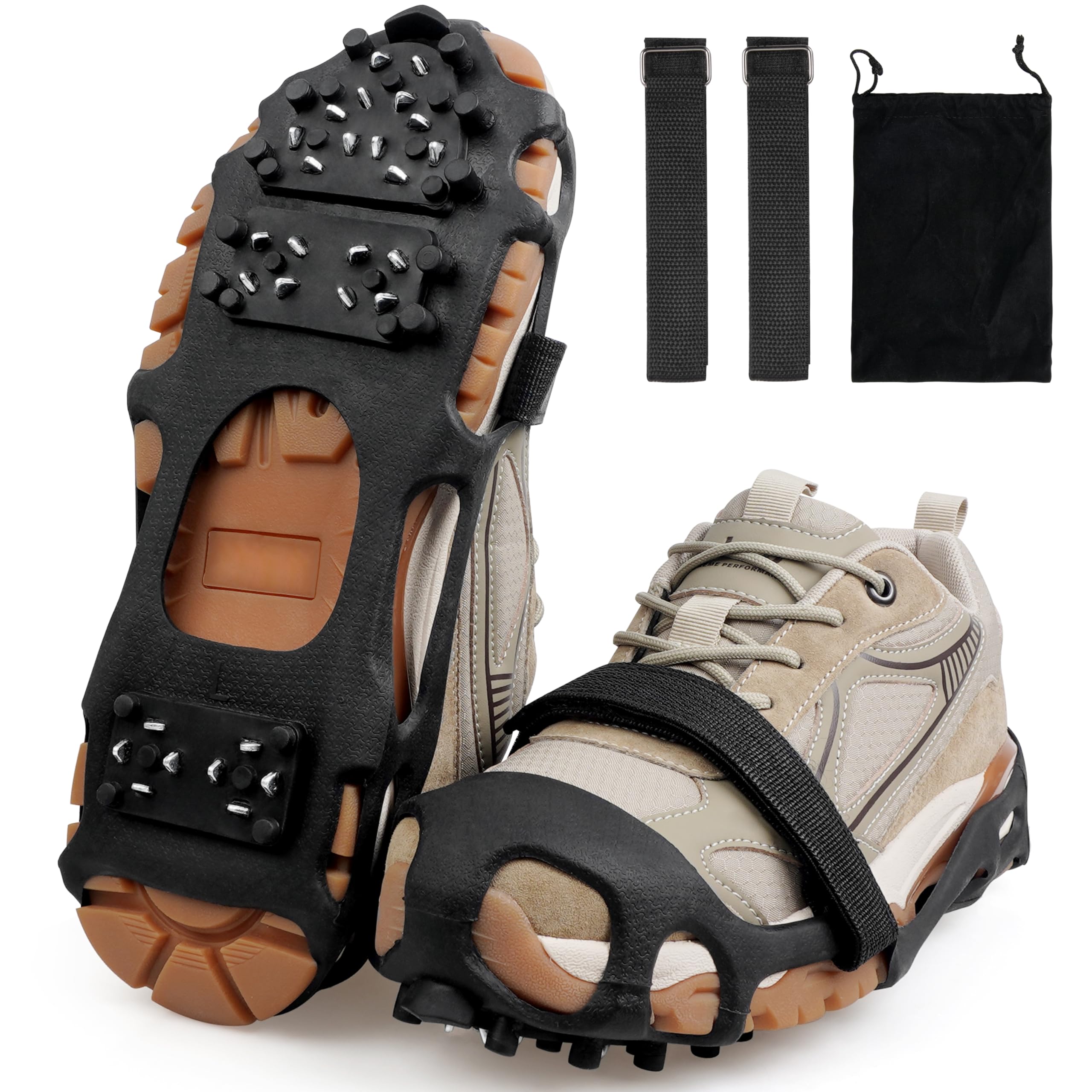 Ice Cleats Snow Traction Cleats Crampons for Shoes and Boots Men Women Anti Slip Ice Shoes Gripper Overshoe Slip-on Stretch Footwear (28 Steel with Straps, Medium(5.5-7 men/7-8.5 Women))