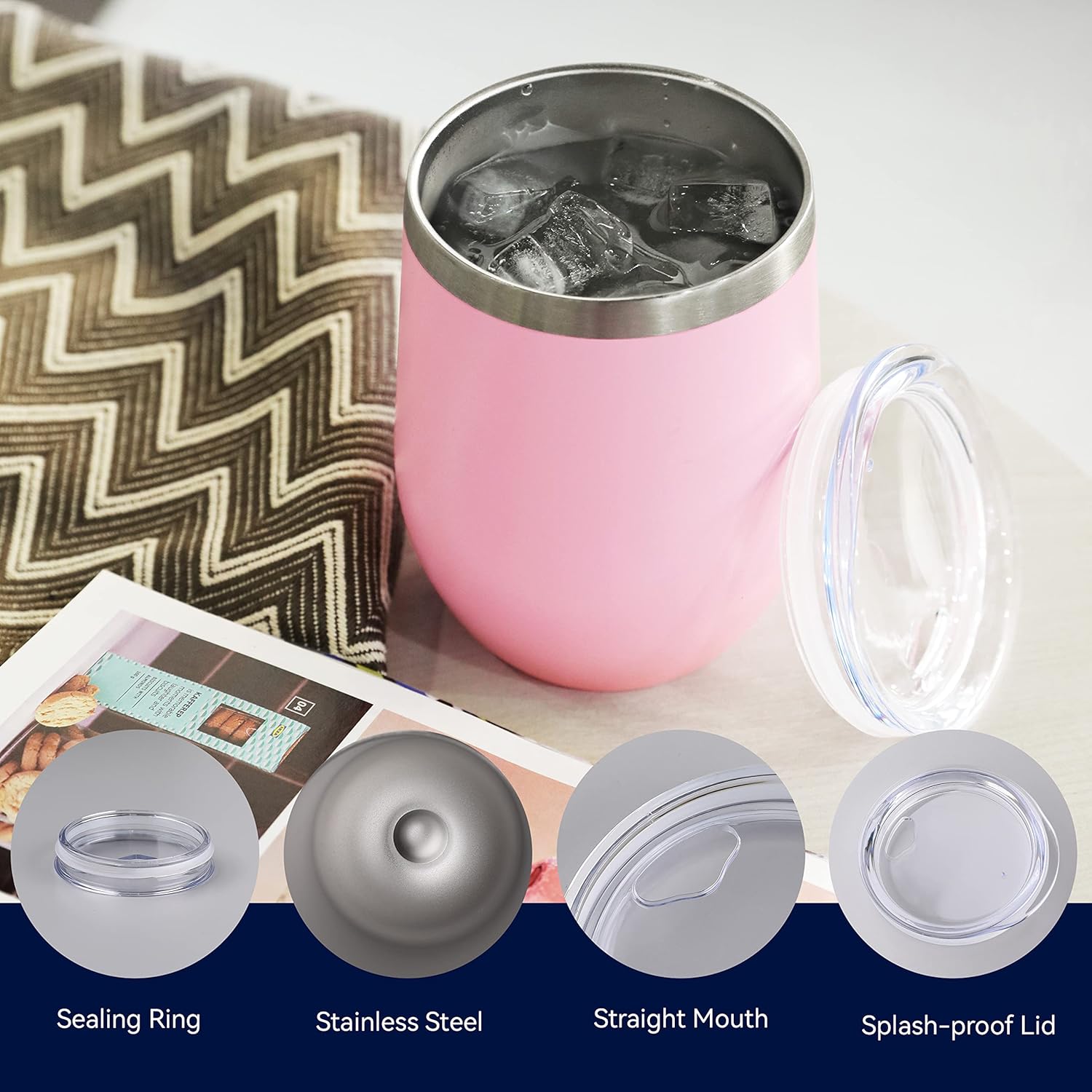 DOMICARE Stainless Steel Wine Tumbler Bulk with Lid, Personalized Insulated Tumblers Set, 12oz Travel Coffee Cups Pack of 1, Pink - Image 3