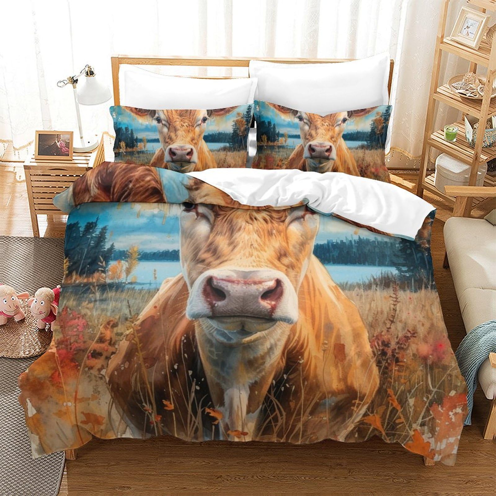 Set de housse de couette 3 pièces vache imprimé 3D microfibre douce King 220x240