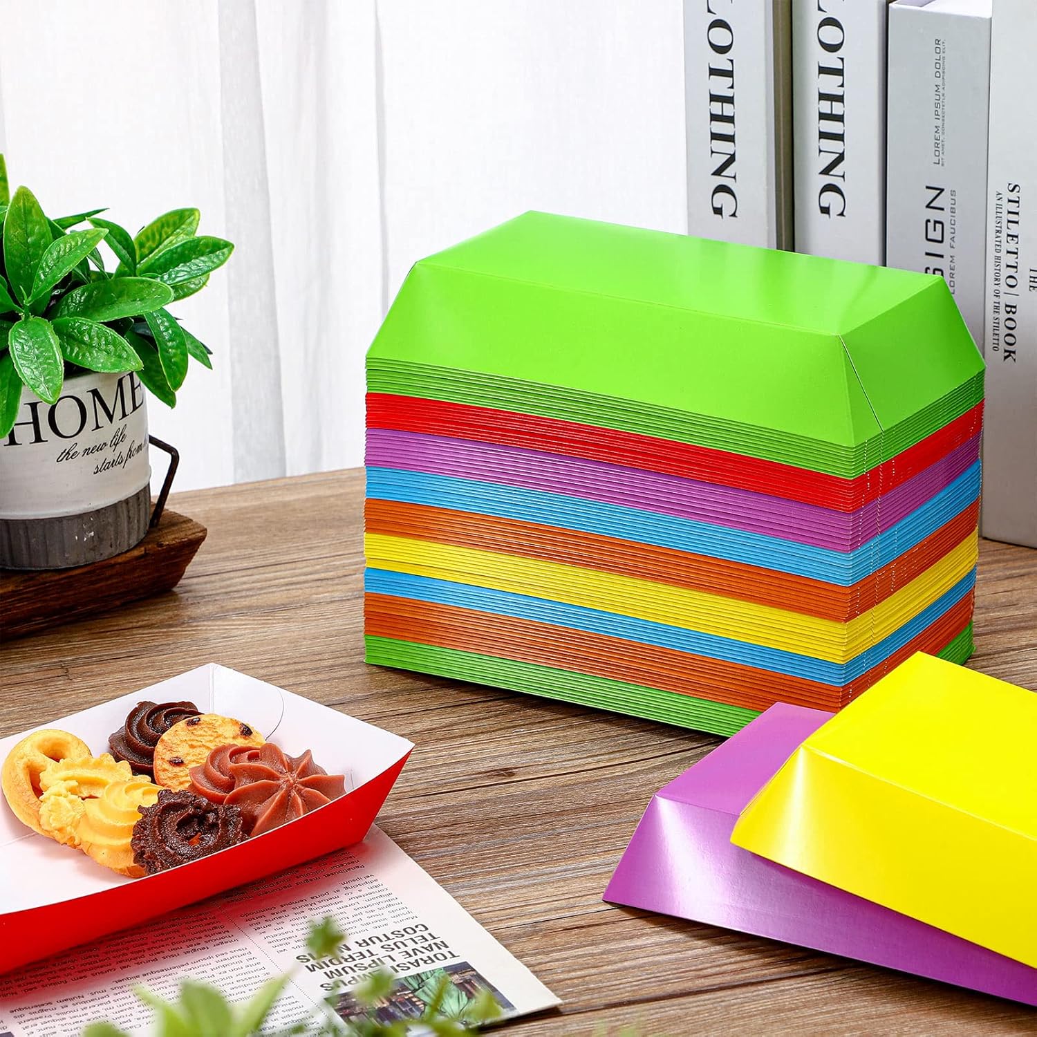 Panelee 120 Pcs Colorful 3.5 lb Nacho Boats Trays Disposable Paper Food Trays Paper Boats Plates Containers Disposable Serving Basket for Nachos Hot Dog Snack Sandwich Burger BBQ Dessert Popcorn Taco