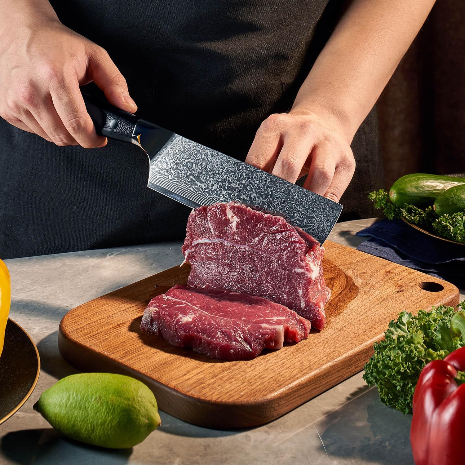 SENKEN 7" Damascus Steel Cleaver Knife - Shogun Collection - 67-Layer Japanese VG10 Steel w/Full-Body G10 Military Grade Handle - Ultra Sharp Nakiri Knife for Boneless Meat and Vegetables