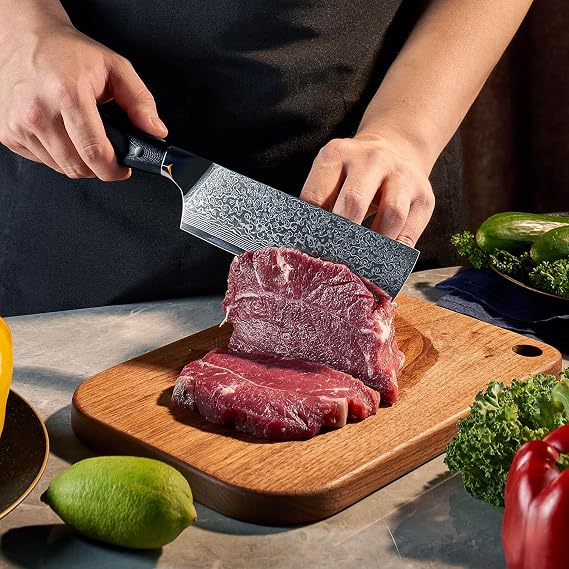 SENKEN 7 Damascus Steel Cleaver Knife - Shogun Collection - 67-Layer Japanese VG10 Steel w/Full-Body G10 Military Grade Handle - Ultra Sharp Nakiri Knife for Boneless Meat and Vegetables