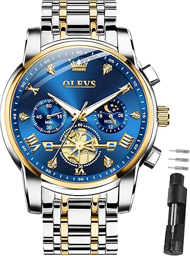 OLEVS Watches for Men Dress Watch Chronograph Luxury Stainless Steel Big Face Men Watches Multi-Function Easy to Read Diamond Roman Numerals Business Wristwatch Reloj para Hombre