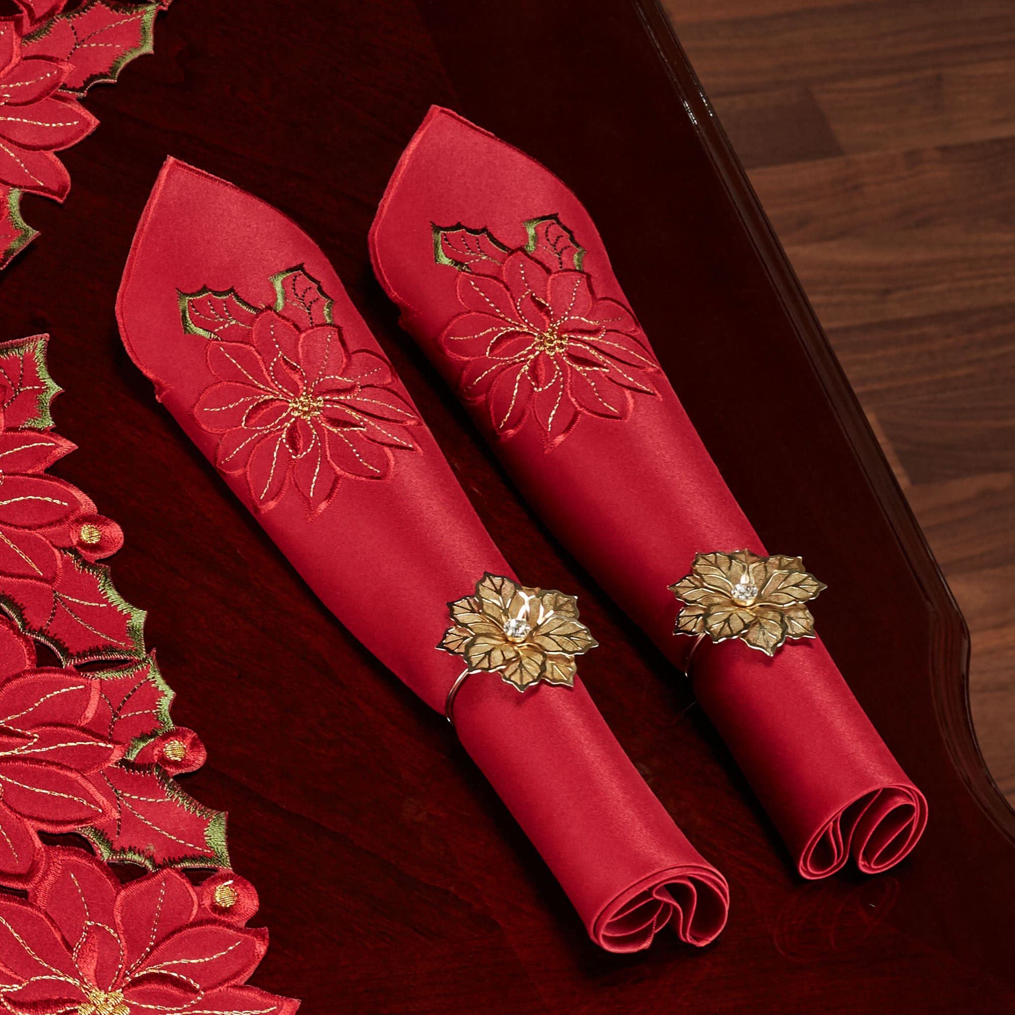 Christmas Poinsettia Cutwork Napkins - Set of 4 - Red, Gold, Green - Fine Table Linens for Your Kitchen, Dining Room - Holiday Embroidery Polyester Napkins Set of 4