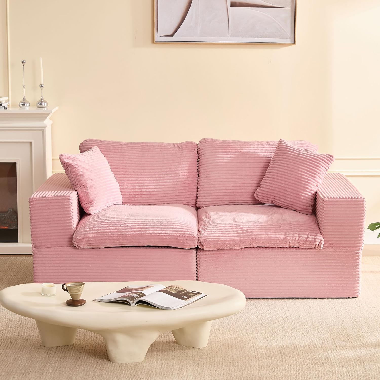 Afuson 74.8” Set of Cloud Couch, Modular Loveseat Sofa, Convertible Sofas Bed, Deep Seat Sofa, Cozy Sofa for Living Room, Office and Bedroom, Corduroy, Pink