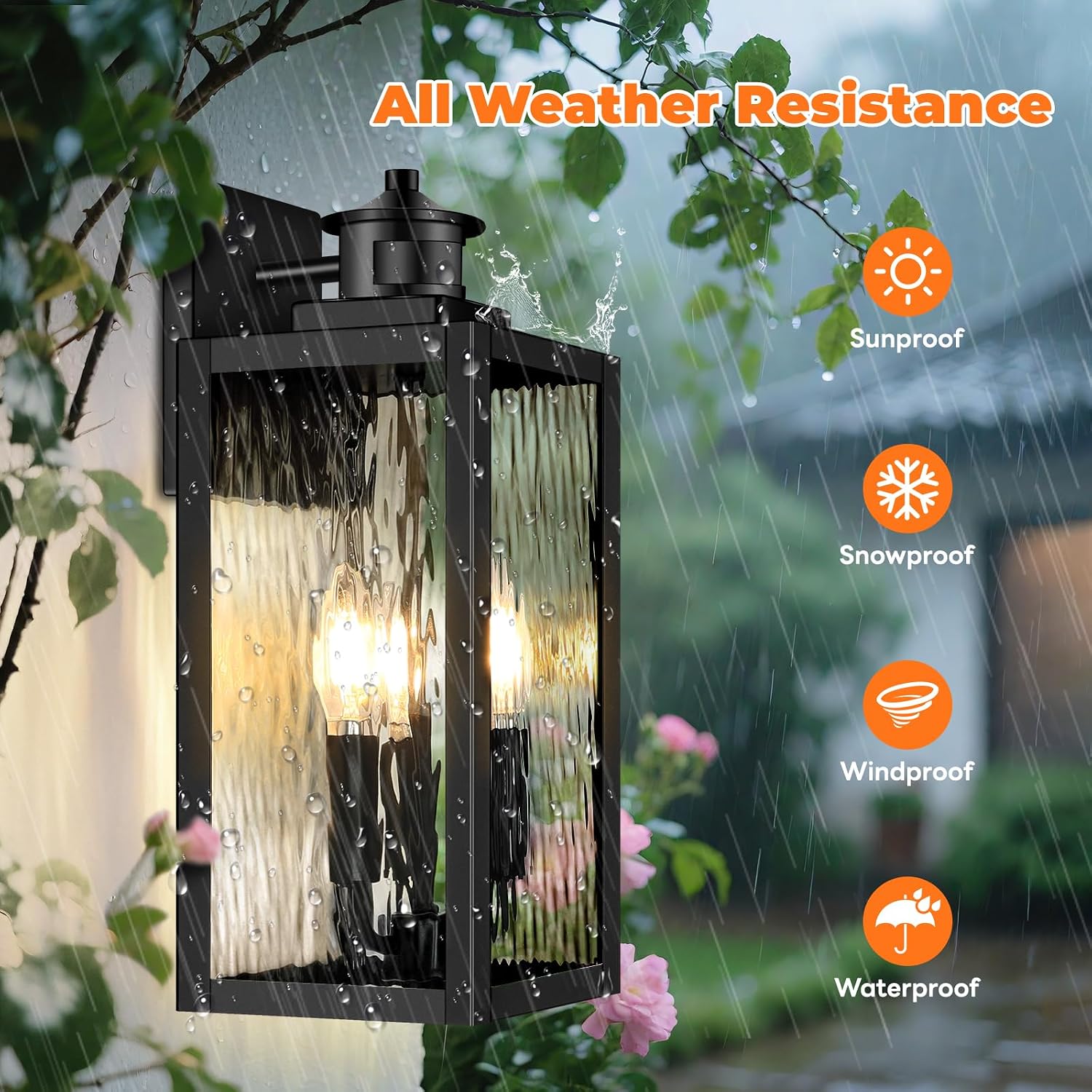 Large Motion Sensor Outdoor Wall Light, Black Exterior Wall Sconce Light Fixtures with Water-Rippled Glass, Waterproof Modern Outside Wall Lantern for House, Porch, Patio, Garage, Bulbs Not Included