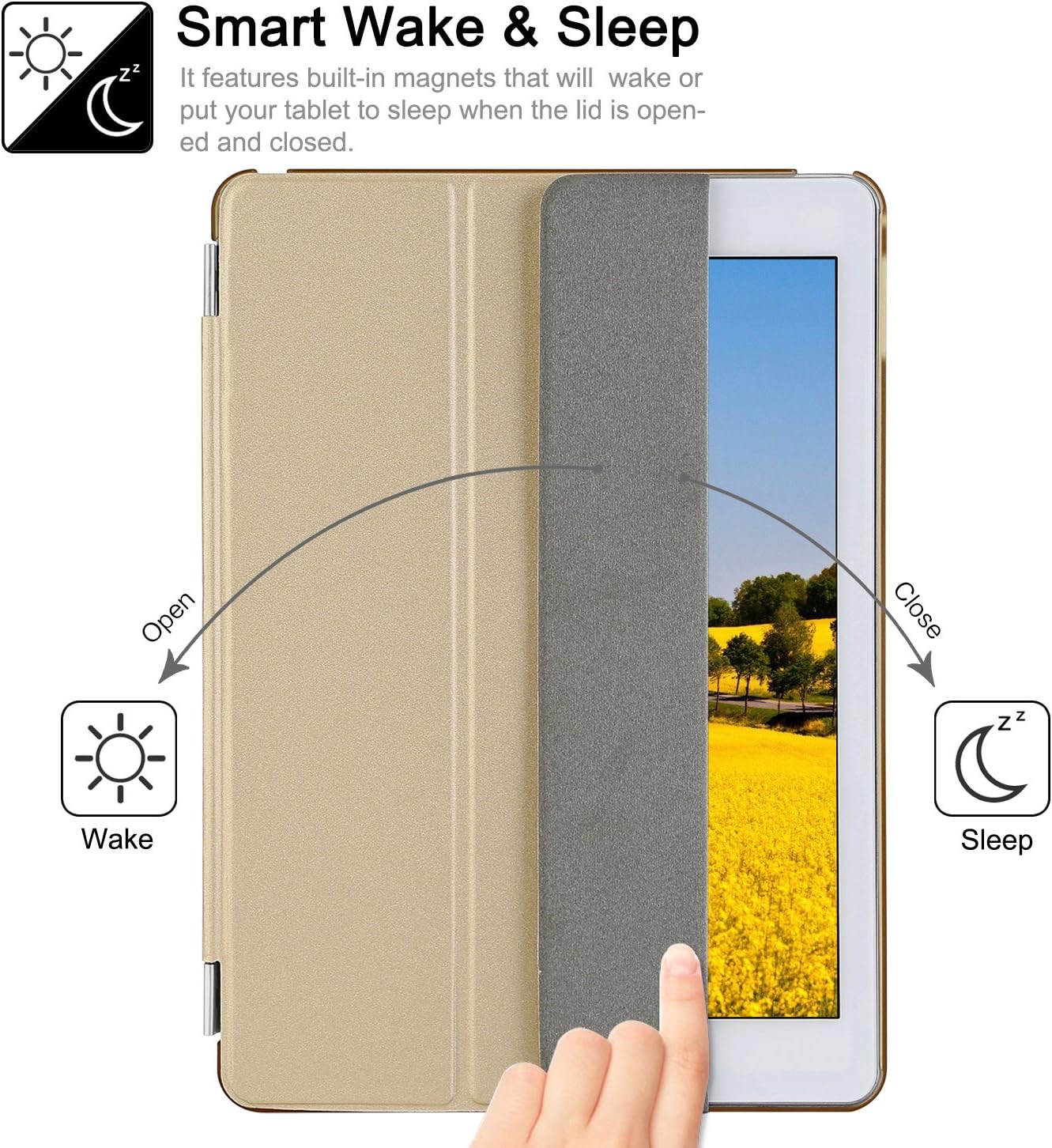 Besdata Ultra Thin Magnetic Smart Cover [Wake/Sleep Function]& Translucent Back Case for 2014 iPad Air 2 + Screen Protector + Cleaning Cloth + Stylus (Gold)