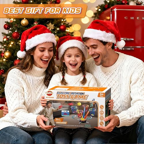 Miniatura 8 de VATOS Juego 3 en 1 de Sacos de Frijoles y Lanzamiento de Anillos, Salto Musical para Niños, Base Giratoria Eléctrica con Control Remoto, Luces, 12