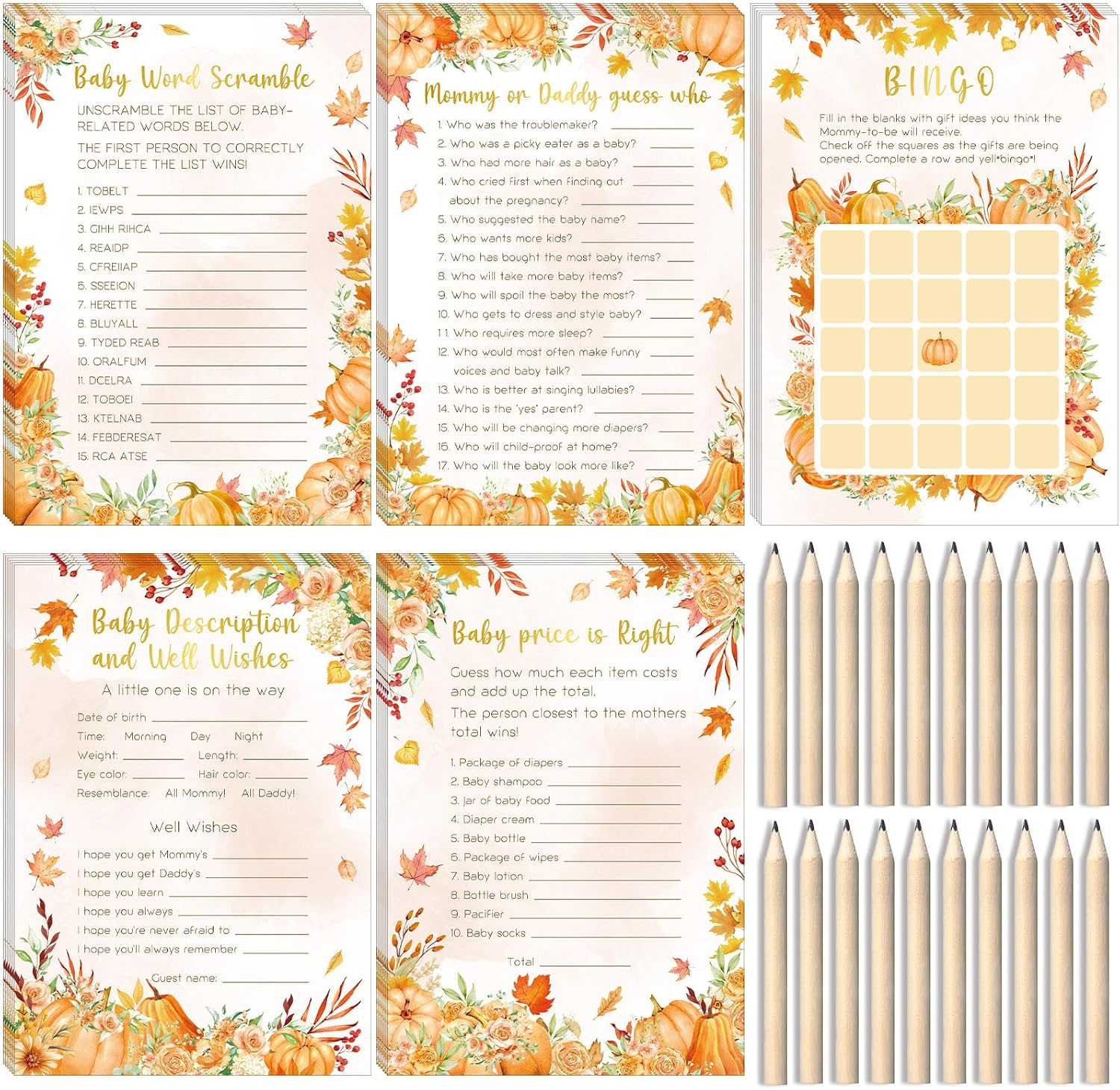 Zhanmai 145Pcs Fall Pumpkin Baby Shower Games Fall Game Activity Cards