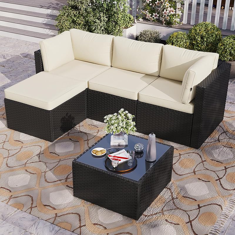 Aoxun Patio Furniture Set 5-Piece, Outdoor Sectional Sofas with Washable Cushion, Wicker Rattan Patio Conversation Set