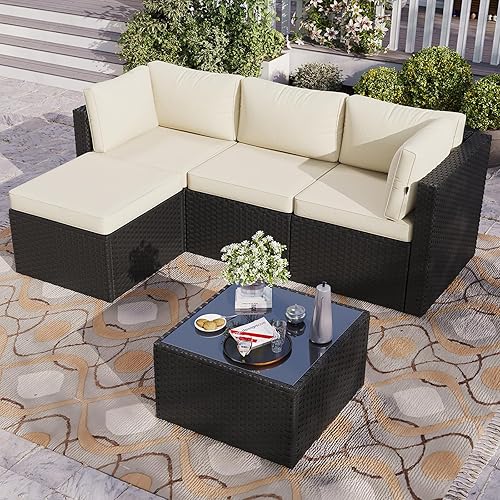 Aoxun Outdoor Patio Furniture Set, 5-Pieces All-Weather Rattan Sectional Sofa Conversation Set with Glass Coffee Table for Backyard Porch Poolside, Beige