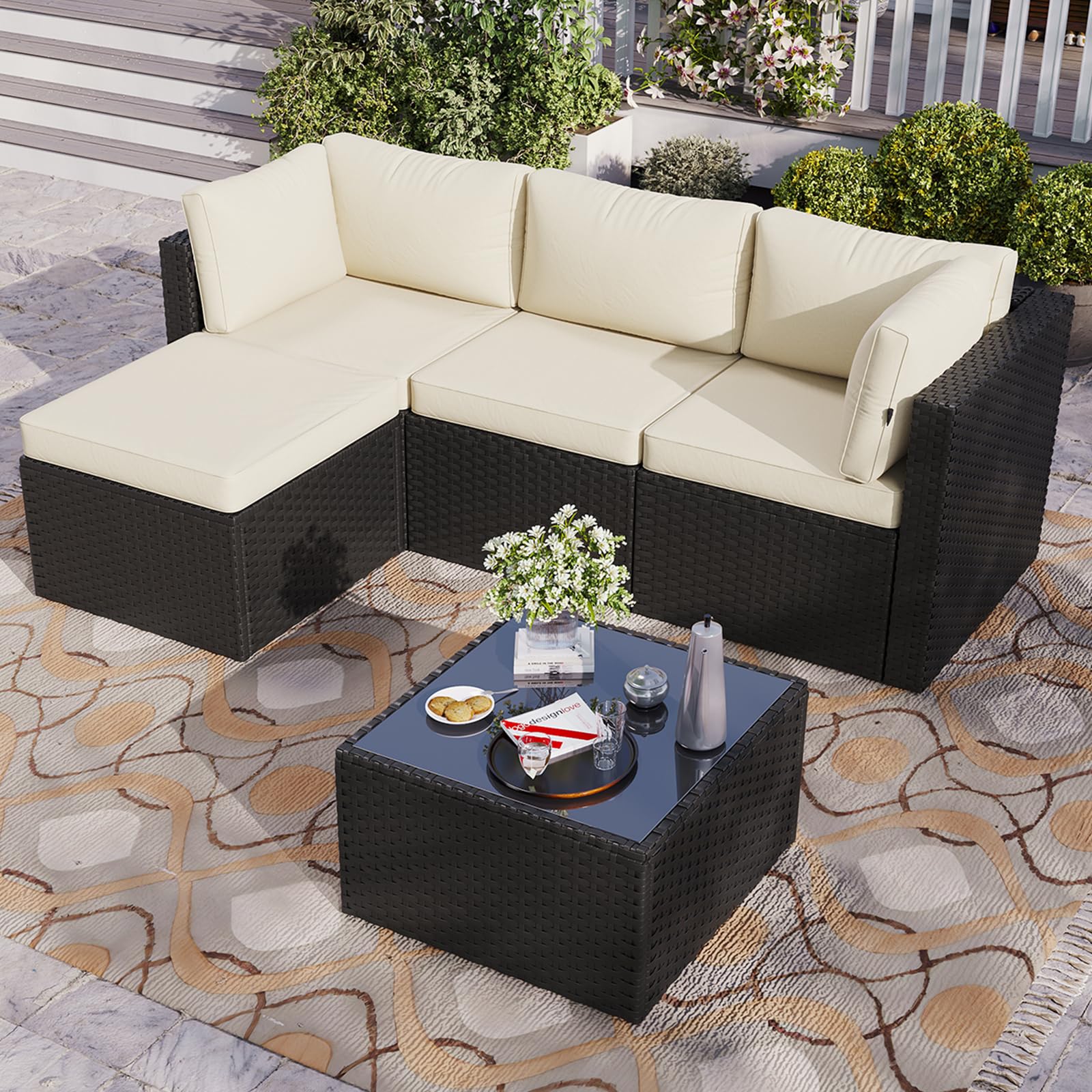 Aoxun Gartenlounge Polyrattan 3-teilig mit dicken Kissen & Glastisch, zusammenhängende Dreiersitzbank mit multifunktionalem Einzelelement, wetterfestes Terrassenmöbel für Balkon Garten