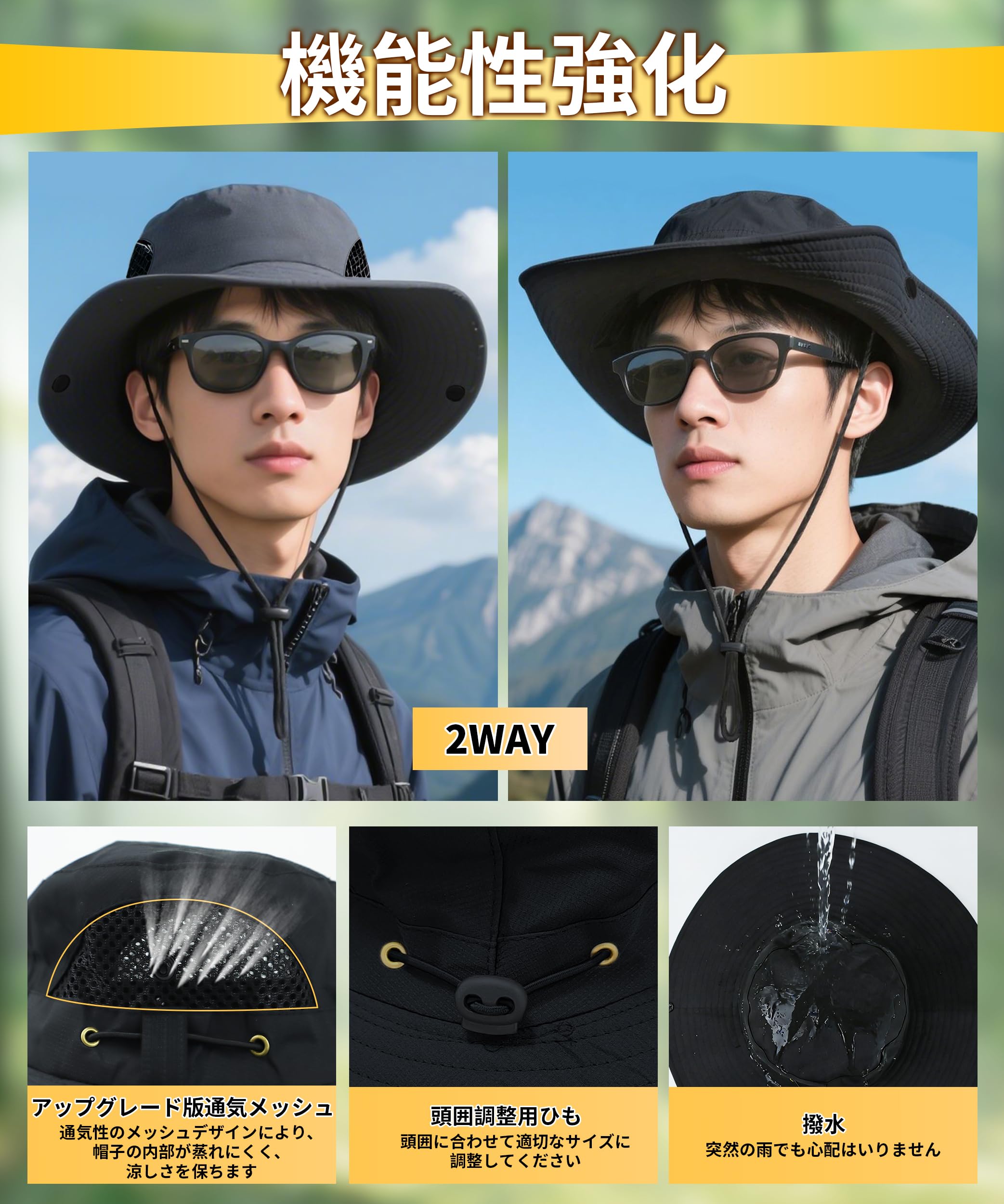 [HORADON] 【昇級版】サファリハット メンズ 【12CMつば広・軽量120g・UPF50+】 日除け帽子 ハット uvカット帽子 通気 速乾 紫外線対策 撥水 55-60CM 頭囲調節コード 2way 釣り 登山 アウトドア 熱中症対策 - 4