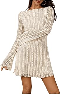Women's Lace Mini Dress Boat Neck Long Sleeve Lettuce Trim Bodycon Dresses