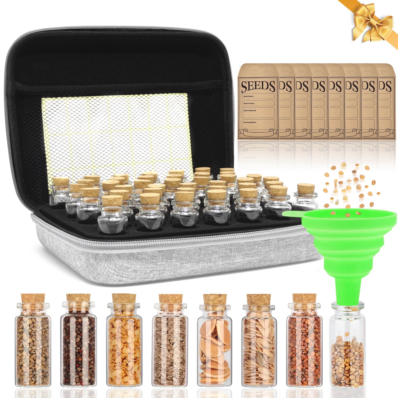 40 Slots Seed Storage Organizer with 20 Seed Envelopes, Sturdy Organizer Storage Box with Label Stickers, Glass Container for Flower Vegetable Garden Seed Saving (Seeds not Included)