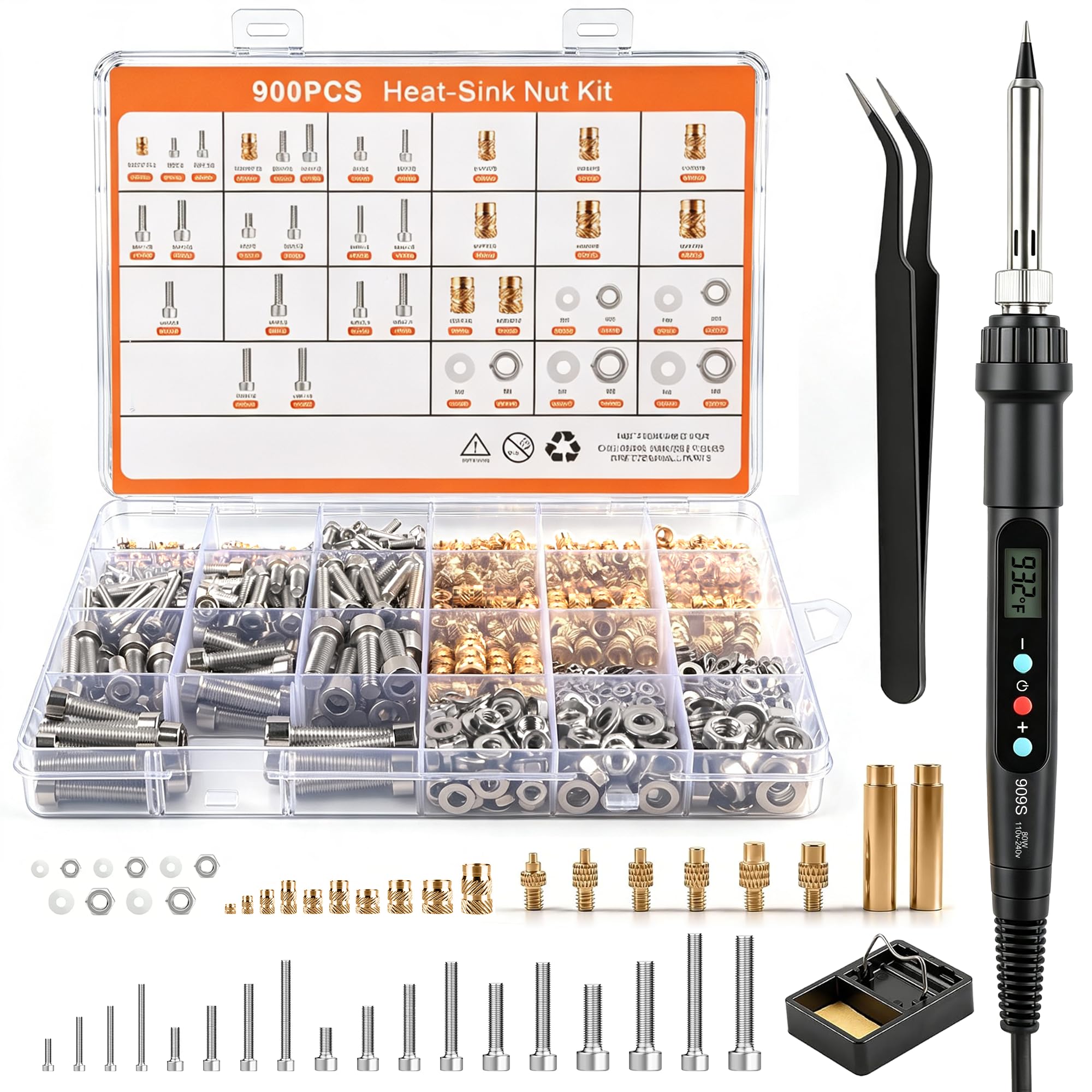 900 Stk Gewindeeinsätze Lötspitzen Set, M2-M6 Gewindeeinsätze für 3D-Druck | mit Schrauben, Muttern und Unterlegscheiben, Lötpistole & 6 Lötspitzen & 2 Adapter, Lötkolbenständer & Pinzette
