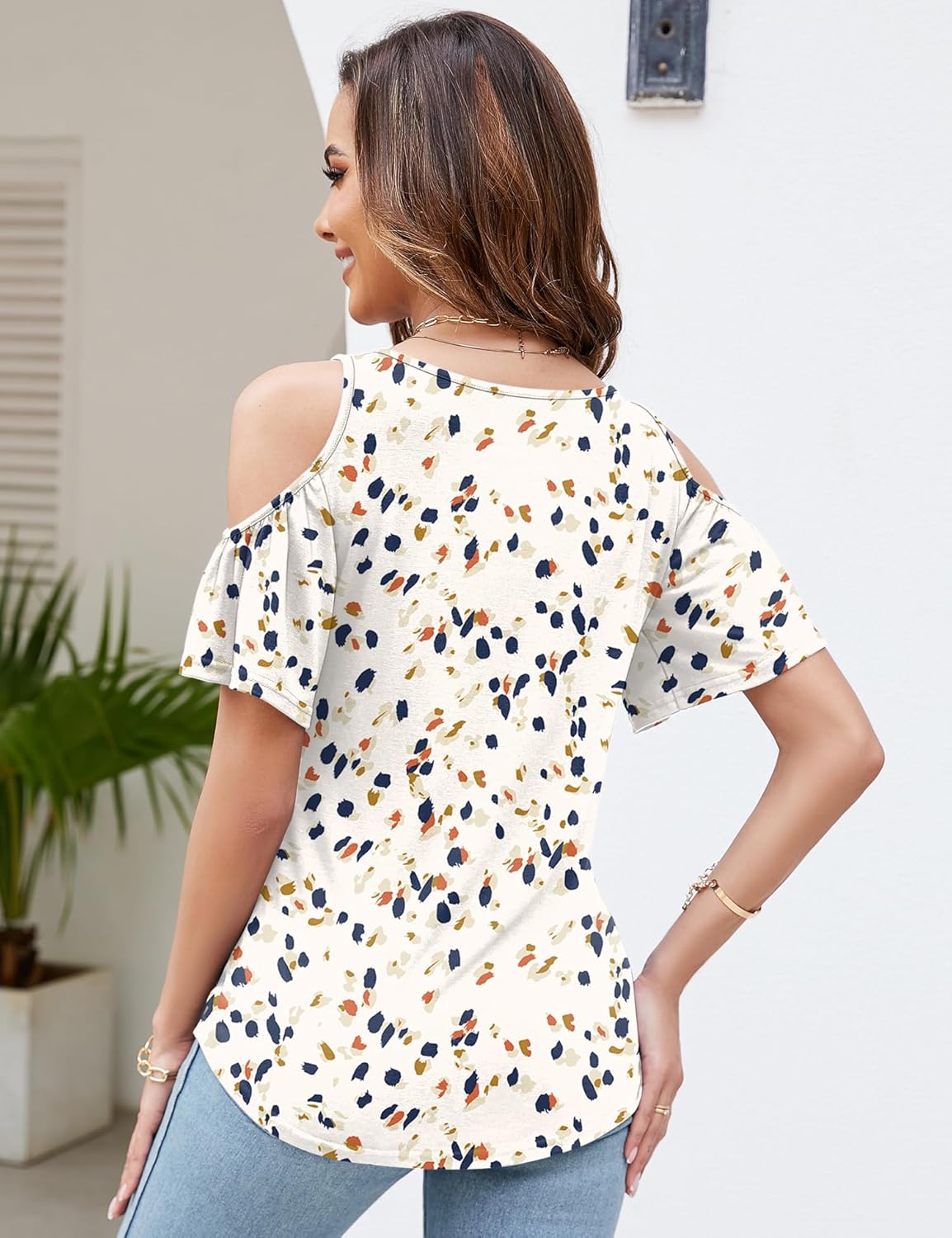Micoson Cold Shoulder Tops for Women Summer Short Sleeve Shirts Ladies Floral Ruched Blouse Classic Cute V Neck Tunic - Image 3