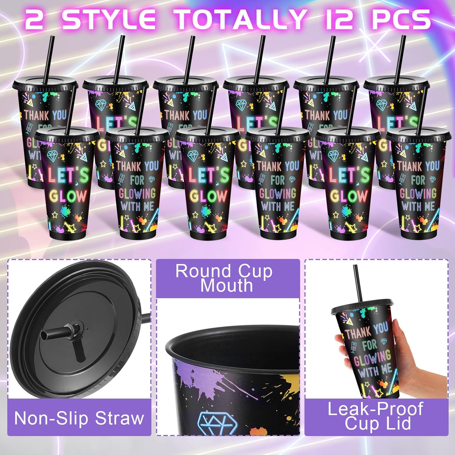 Chuangdi 12 Pcs 24 oz Neon Party Plastic Cups with Lids and Straw Reusable Tumblers Gifts for Glow Party Favors Decorations Night Event Birthday Supplies - Image 3