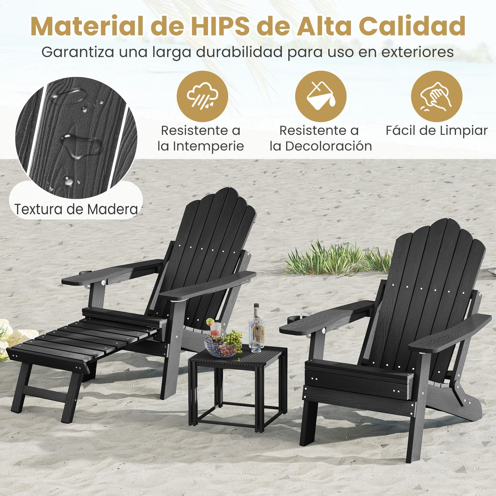 GIANTEX Silla Adirondack Plegable con Reposapiés Retráctil, Tumbona de Hips con Respaldo Ajustable y Portavasos, Carga hasta 180 kg, Silla de Relax para Jardín, Balcón, Patio (Negro)