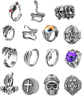15 Pieces Vintage Punk Rings Adjustable Gothic Rings for Women Men Frog Octopus Snake Skull Claw Cool Rings Set Jewelry