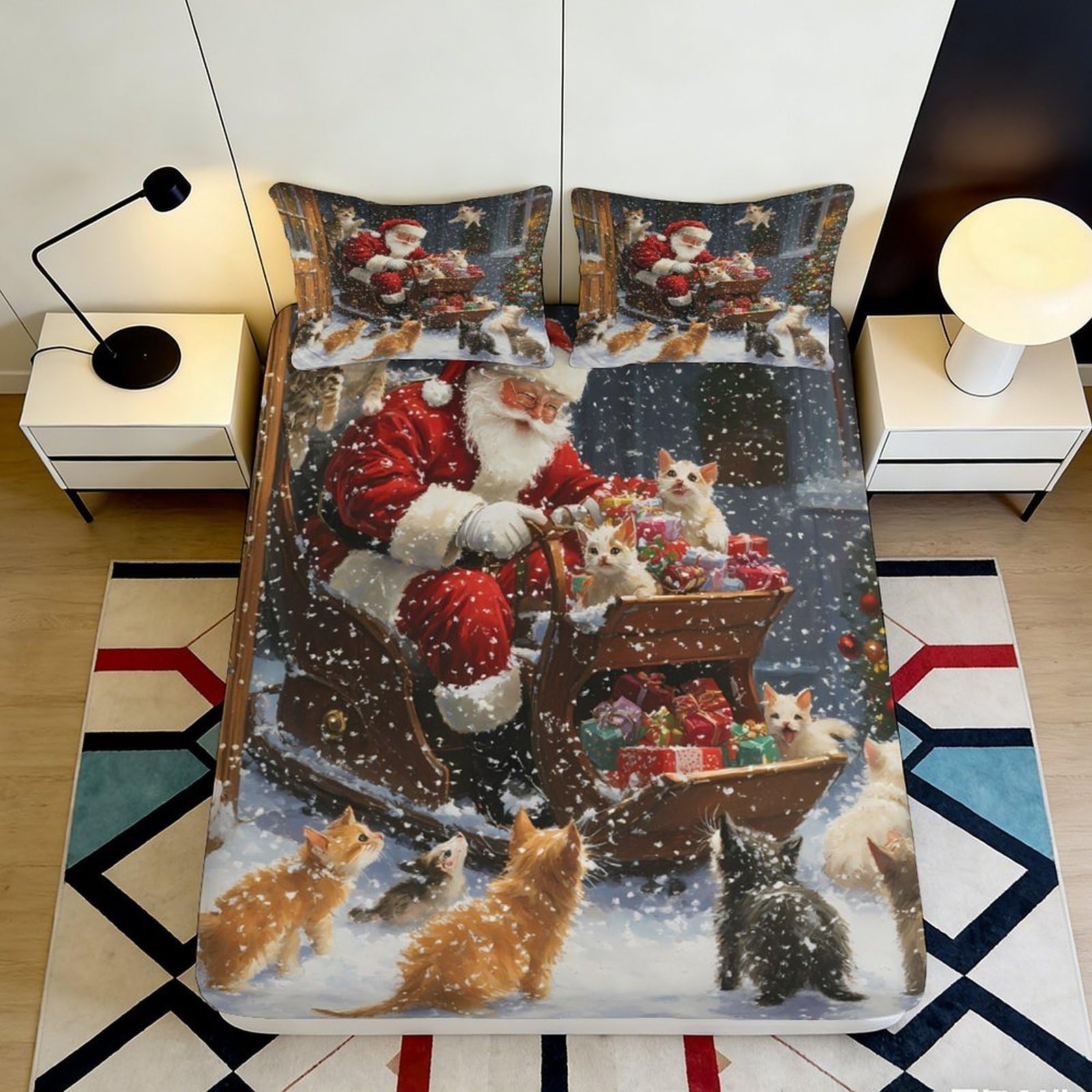 Pnayamiorkfel Style-4 3D Printed Santa Claus Cat Fitted Sheet Microfiber Soft Christmas Bed Cover For Bedroom Guest Room Decor 90X200x25cm