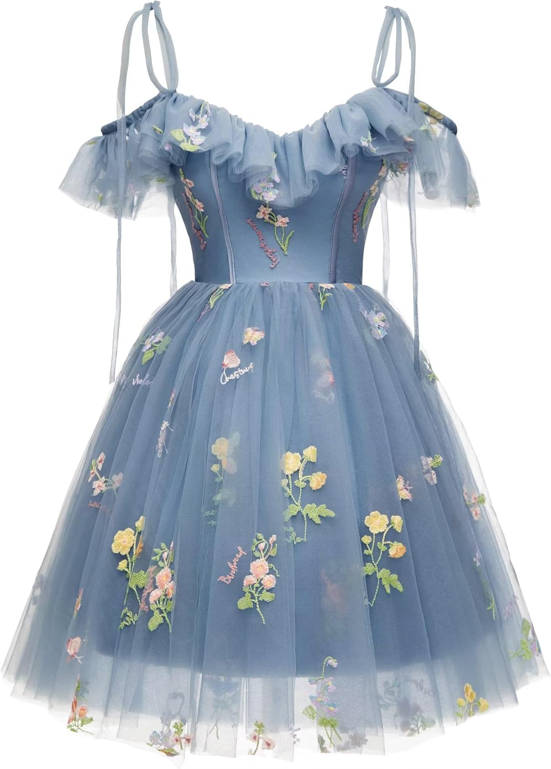 Flower Embroidery Tulle Short Homecoming Dresses for Junios 2025 Prom Dresses for Teens A Line Mini Spaghetti Strap Formal Cocktail Gowns for Women Dusty Blue Us14