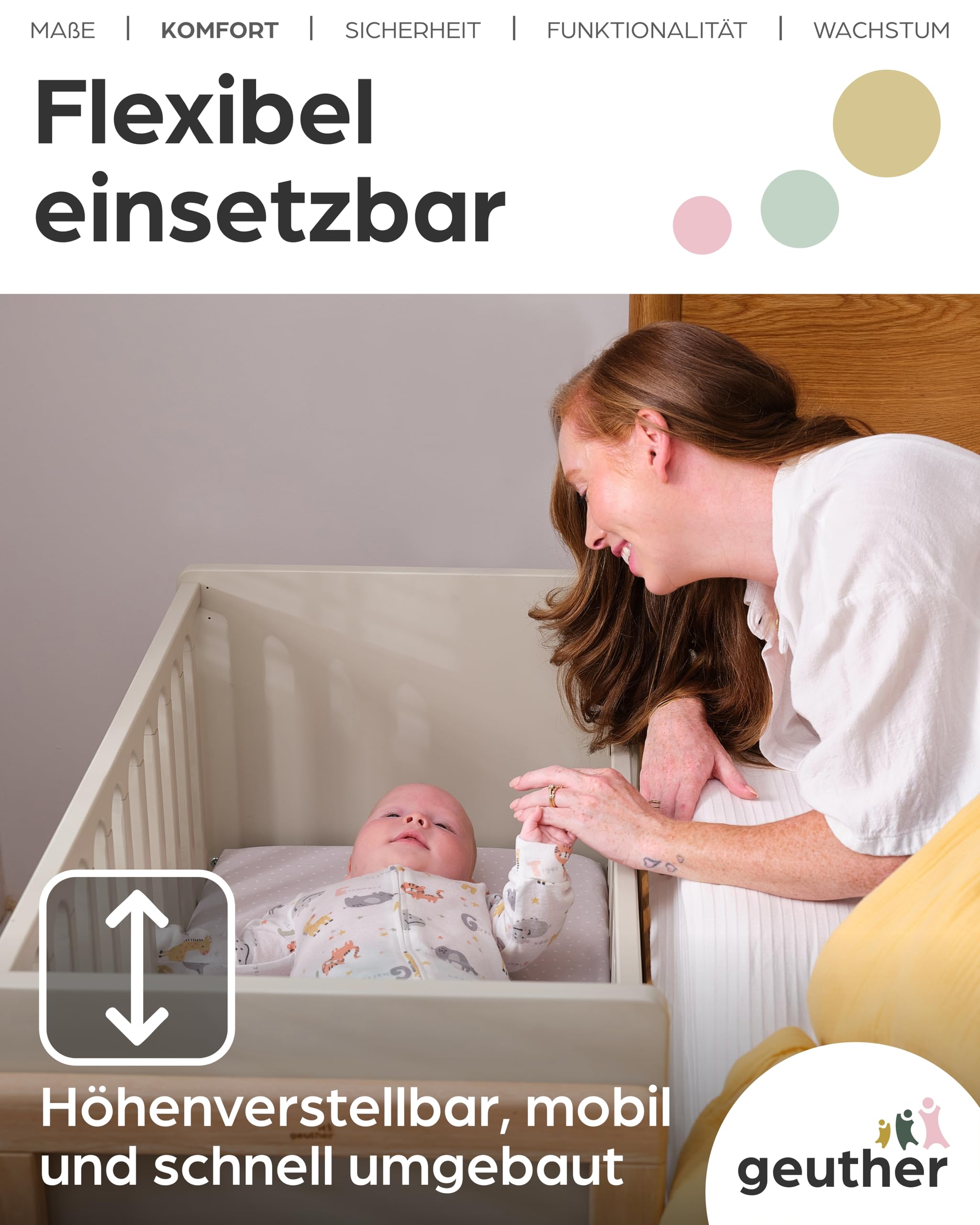 Geuther 4-in-1 Beistellbett Baby Hato, Baby Erstausstattung für Babyzimmer ab Geburt I Babybett mit Rollen, Gitterbett umbaubar als Kinderbett, Sitzbank oder Kindertisch I Buchenholz, Natur-Beige