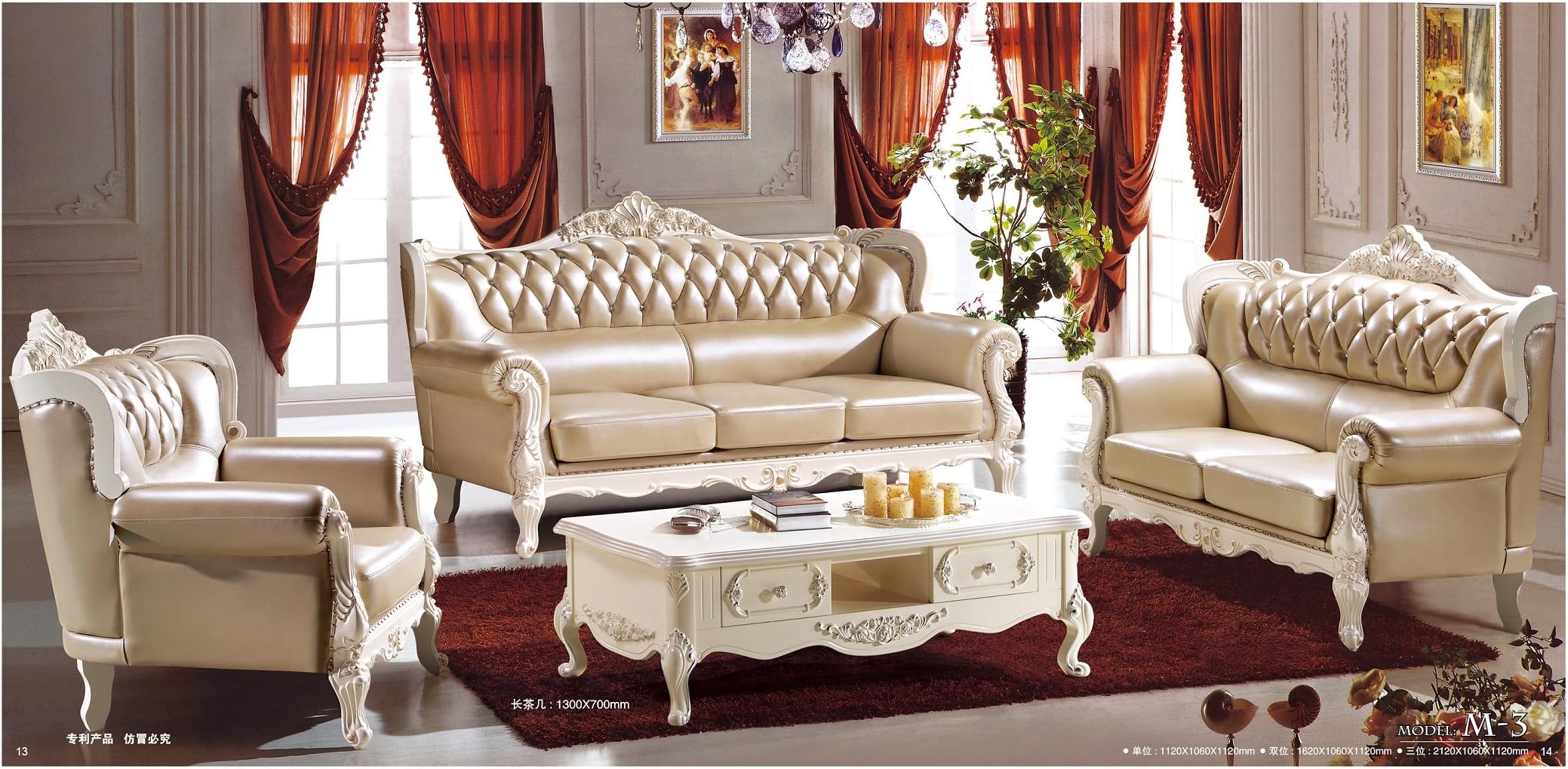 Solid Wood Frame Carved by Hands, Leather and Luxury Classical,Collection 3pc Set: Sofa and Loveseat and Chair Grey