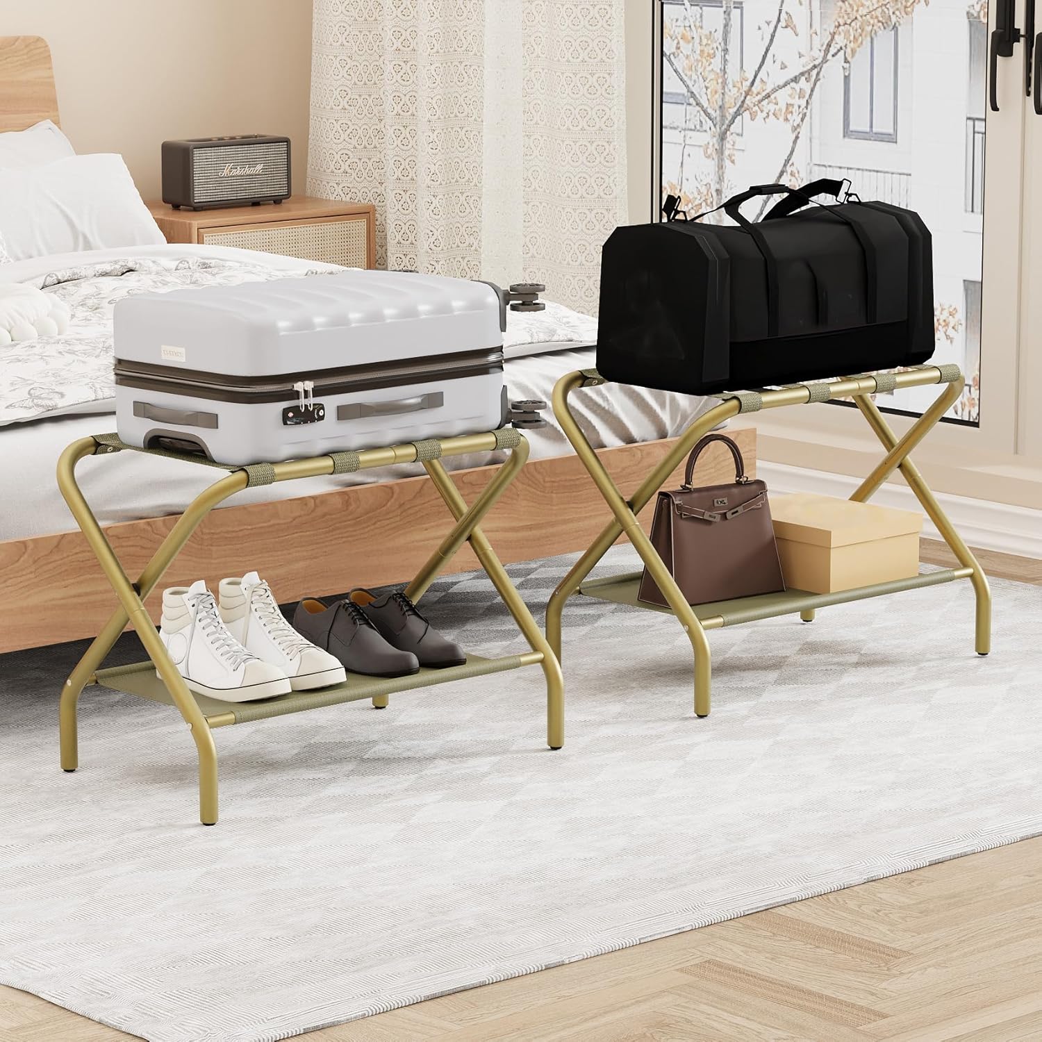 smuxee gold luggage rack pack of 2, foldable suitcase stand with fabric storage shelf, luggage holder with 4 nylon straps for hotel guest room bedroom gold 2pcs