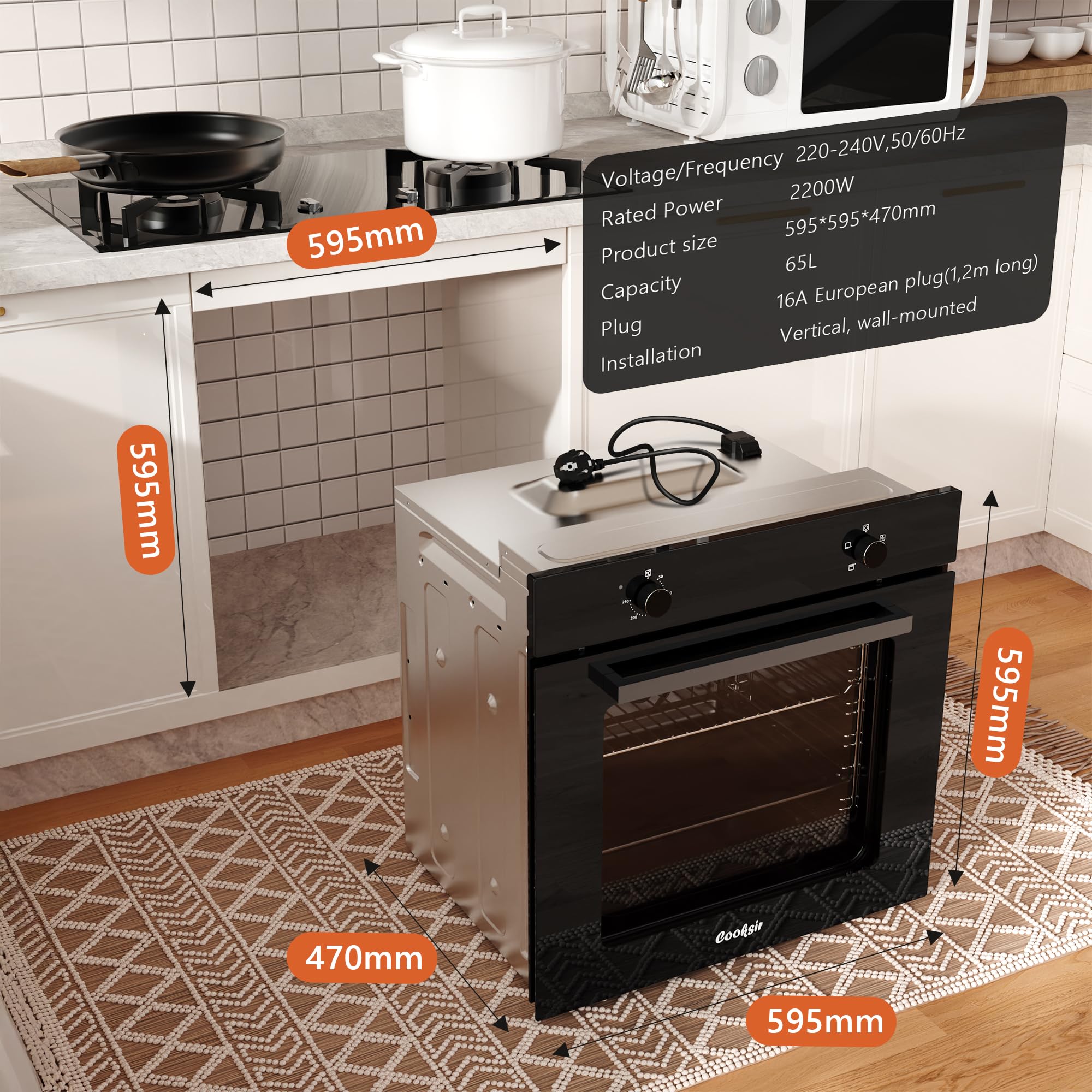 Four Encastrable 60CM, Four Grande Capacité 65 Liters avec Prise, 2200W, 4 Fonctions, Bouton Rotatif Mécanique, Double Tube Supérieur, Ventilateur de Refroidissement Einbaubackofen 60cm