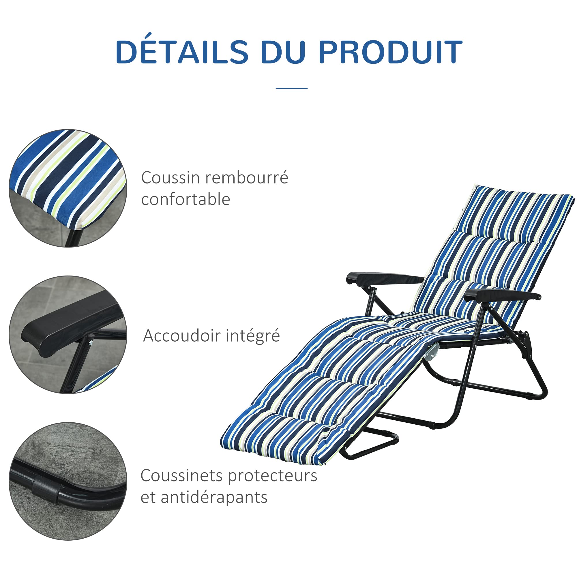 Outsunny Bain de Soleil Pliable Transat Inclinable 6 Positions Multicolore | Grand Confort, Avec Matelas, Accoudoirs, Acier Polyester, leger, Jardin Extérieur