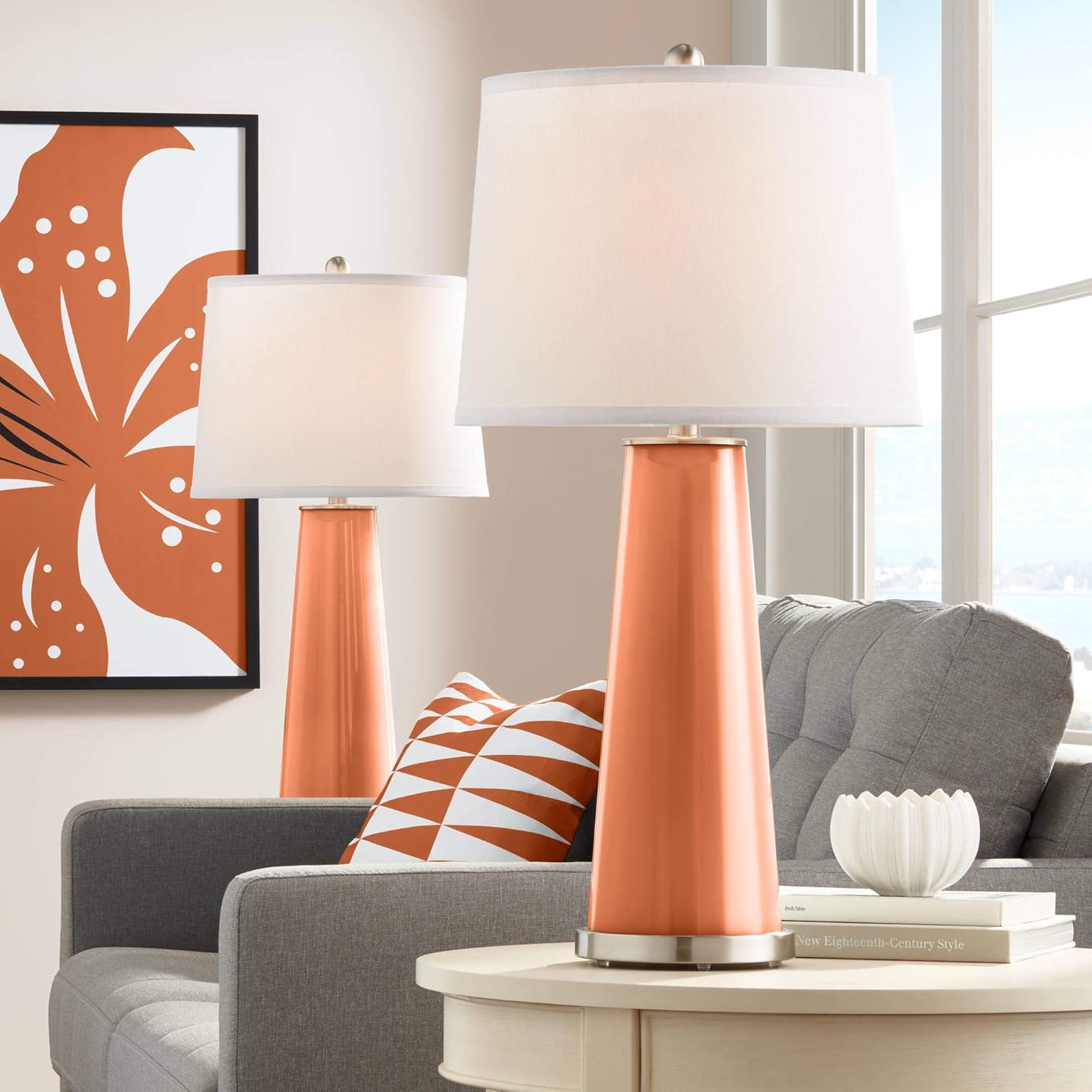 Color + Plus Leo Modern Table Lamps 29 1/2" Tall Set of 2 Daring Orange Glass Tapered Column Plain White Drum Shade Decor for Bedroom Living Room House Home Bedside Nightstand Office Family