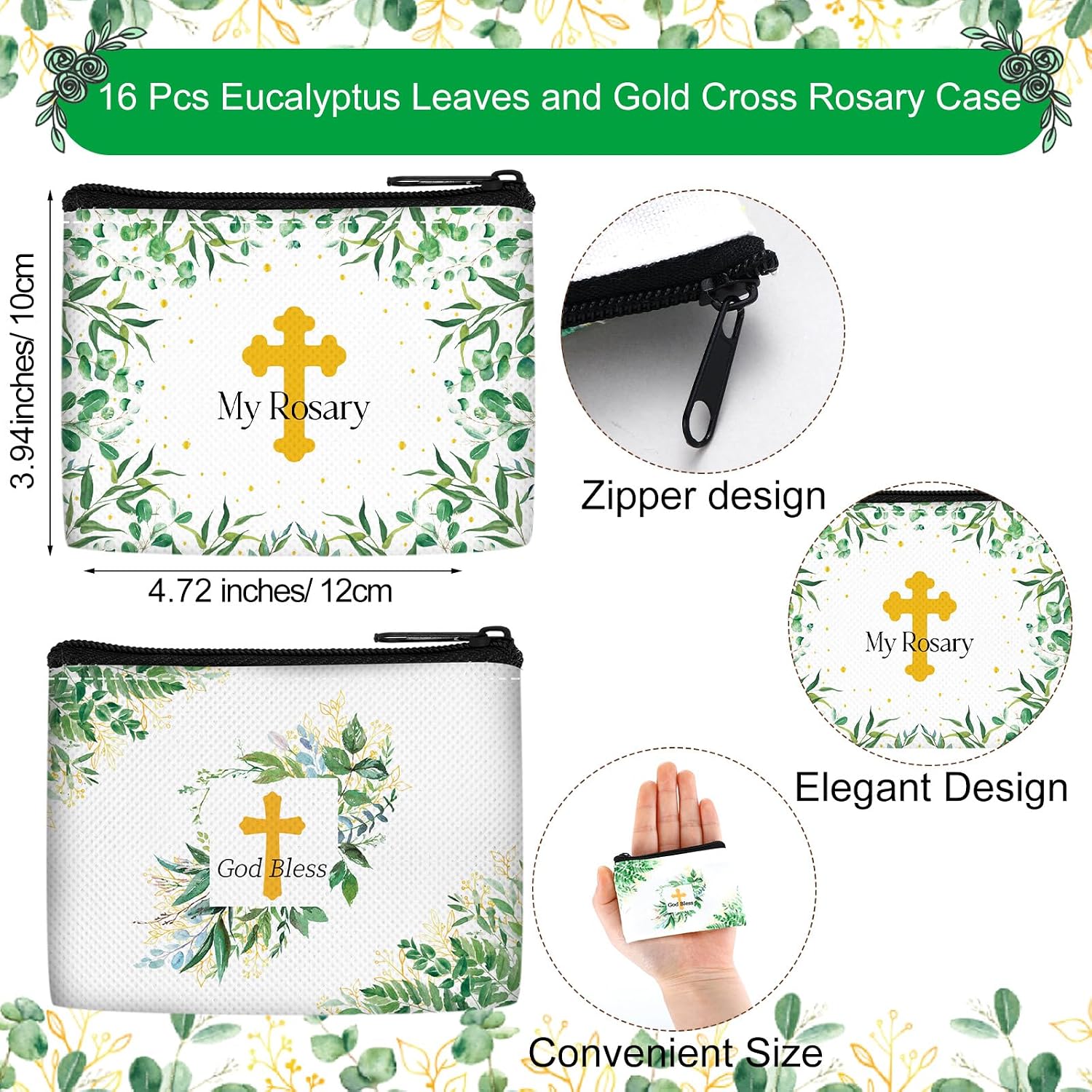 Shinylin 16 Pcs Rosary Pouches and Cases Catholic Bulk 3.5 x 2.4'' Rosary Bags Container Holder Small Beautiful Eucalyptus Leaves Canvas Zipper Catholic Prayer Beads Cases Gifts for Prayer (Cross)