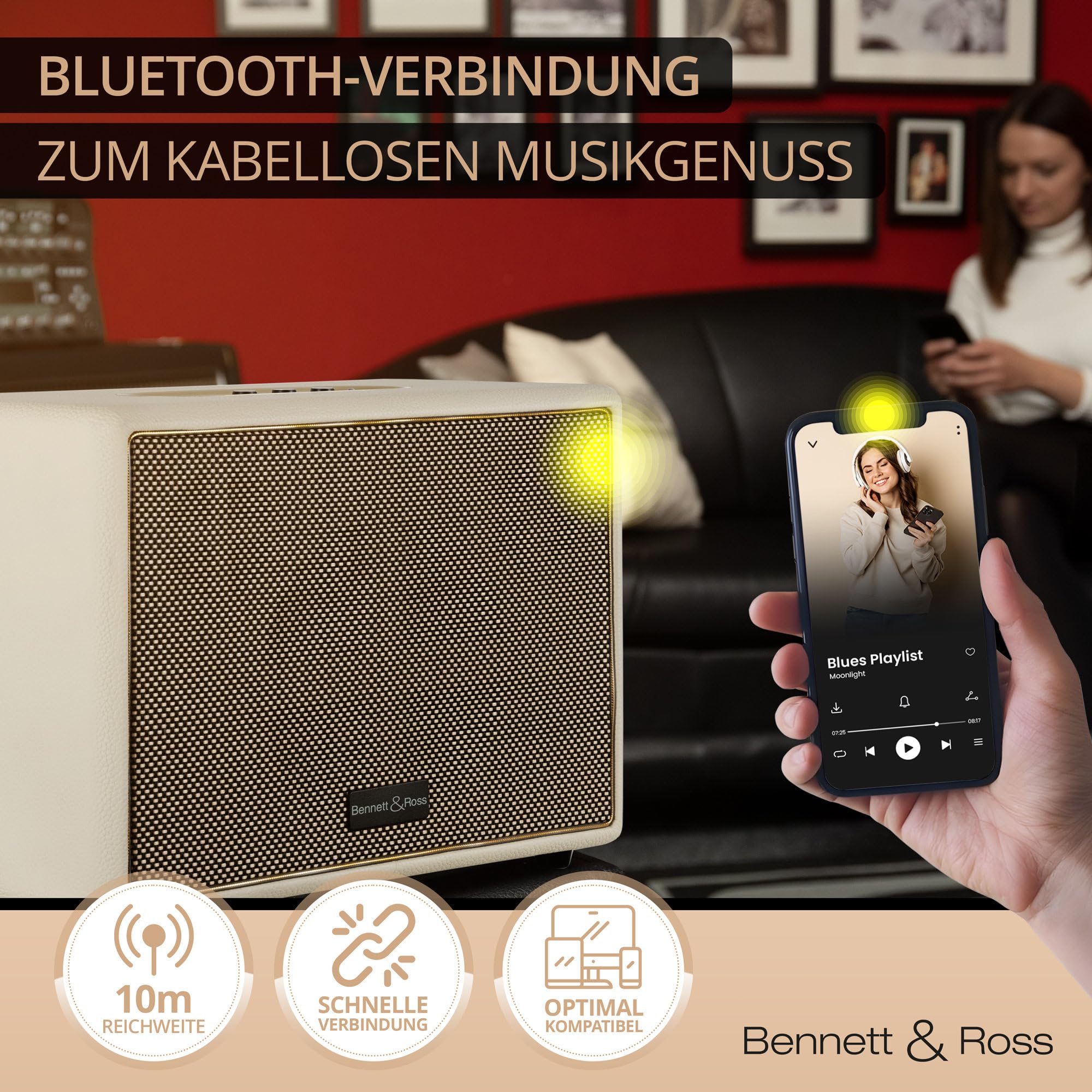Bennett & Ross BB-880CW Blackmore Giant Haut-Parleur Bluetooth rétro en Cuir - Haut-Parleur Vintage avec 2X 40W - Speaker Entrée USB & Lecteur MP3 - Fonction stéréo True Wireless - aux - Blanc crème