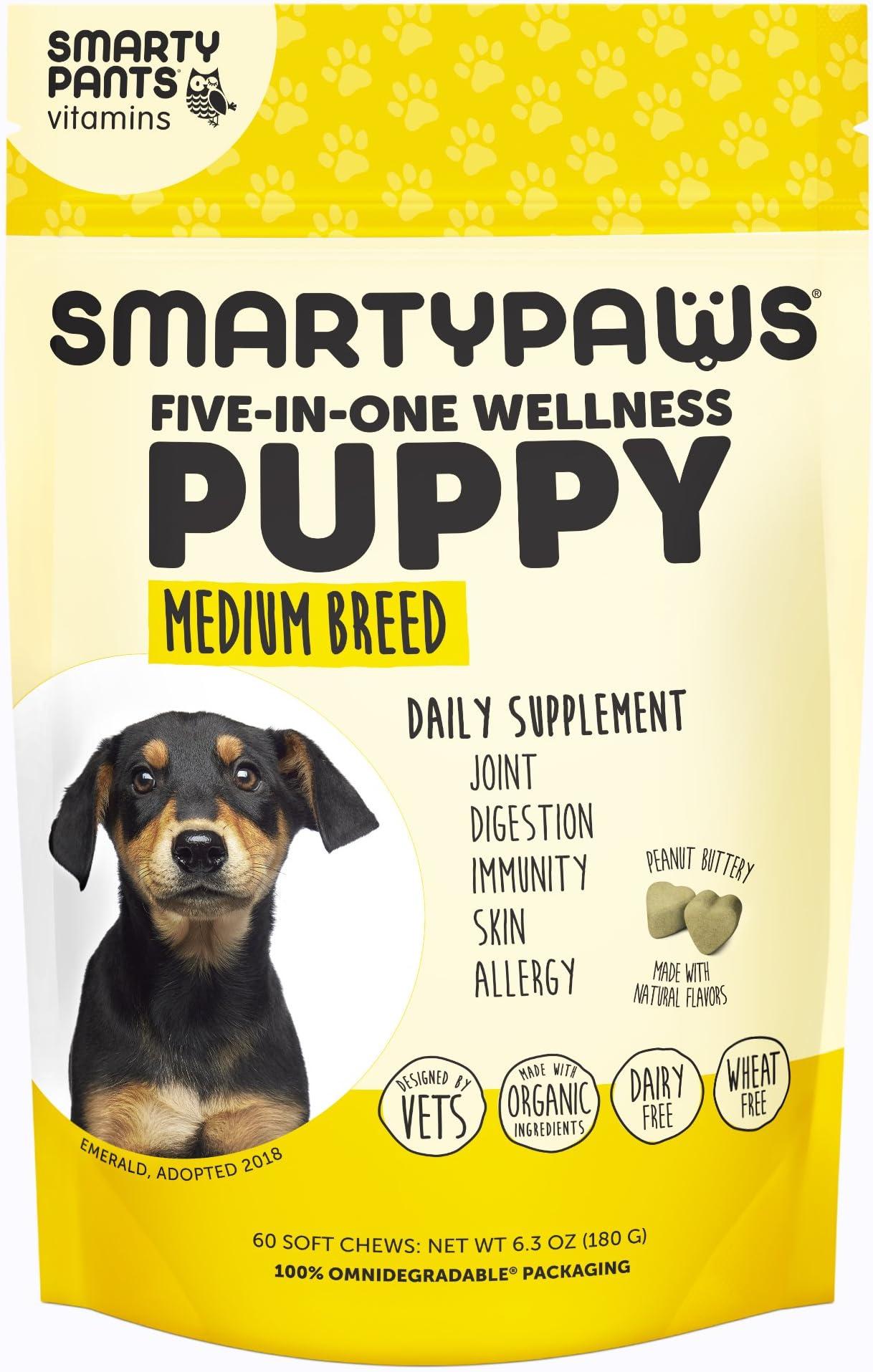 Smartypaws Dog Supplements - Glucosamine & Chondroitin + MSM For Joint Support, Fish Oil Omega 3 (Epa & Dha), Probiotics, Organic Turmeric: Puppy Medium Breed - By Smartypants Vitamins - 60 Ct