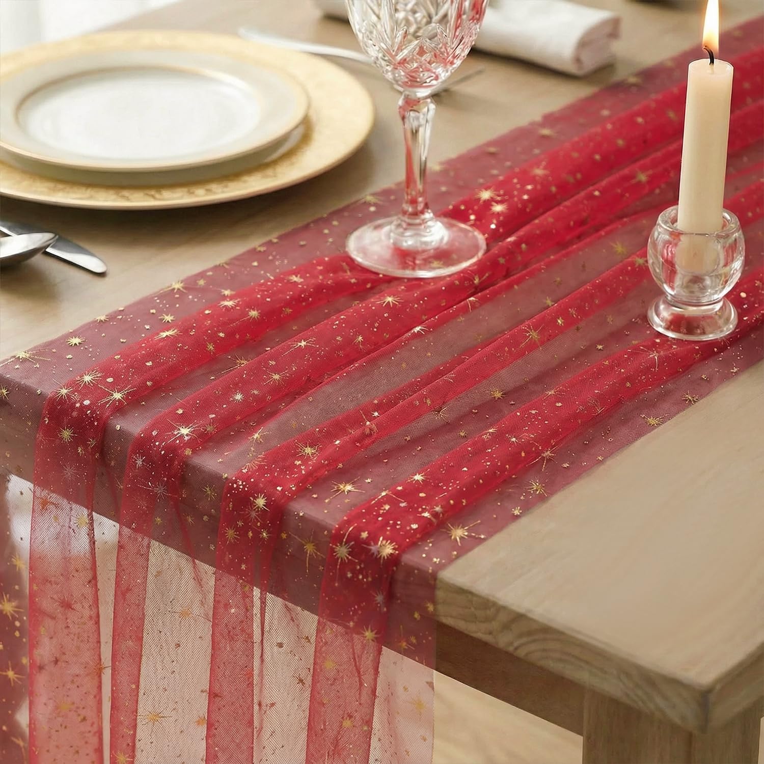 Artoid Mode Gold Stars Red Gauze Table Runner 120 Inch 10FT, Reversible Glitter Sheer Dining Wedding Holiday Birthday Table Decor for Home Party