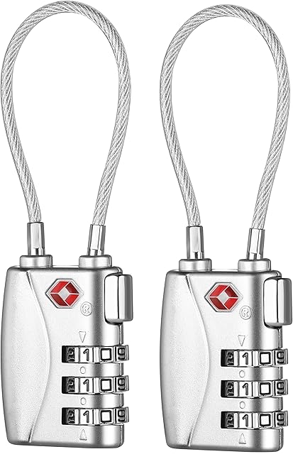 ZHEGE Luggage Padlocks TSA Approved, Flexible Cable Travel Locks , Coded Suitcase Lock, Small Gym Locker Padlock with 3 Digit Combination (Silver, 2 Pack)