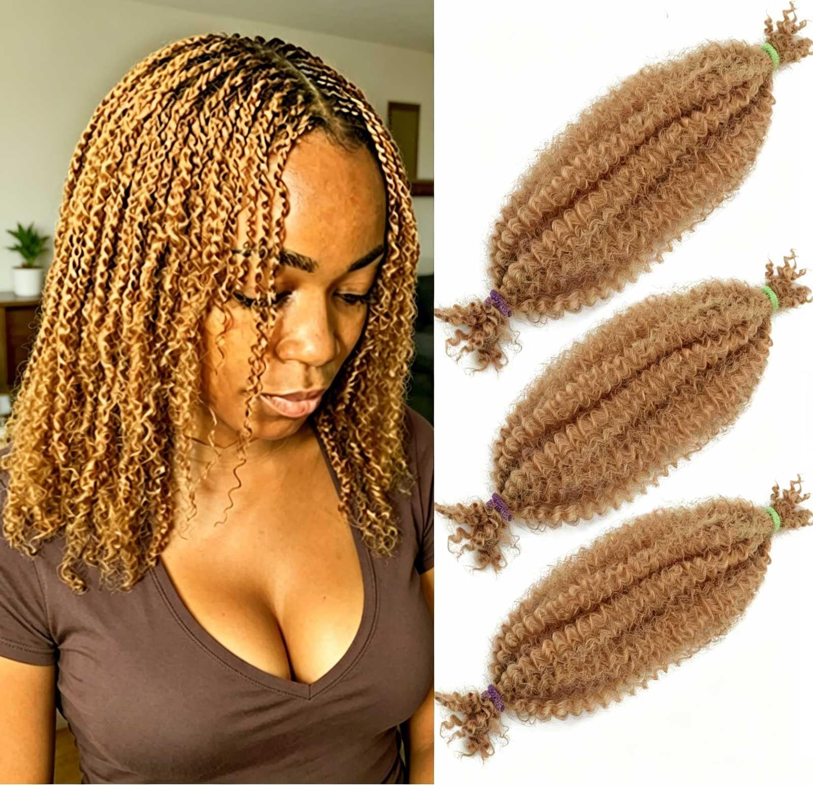 Afro Kinkys Bulk Human Hair 3 Packs 12 Inch Springy Afro Twist Human Crochet Boho Hair for Braiding (27#, 12 Inch)