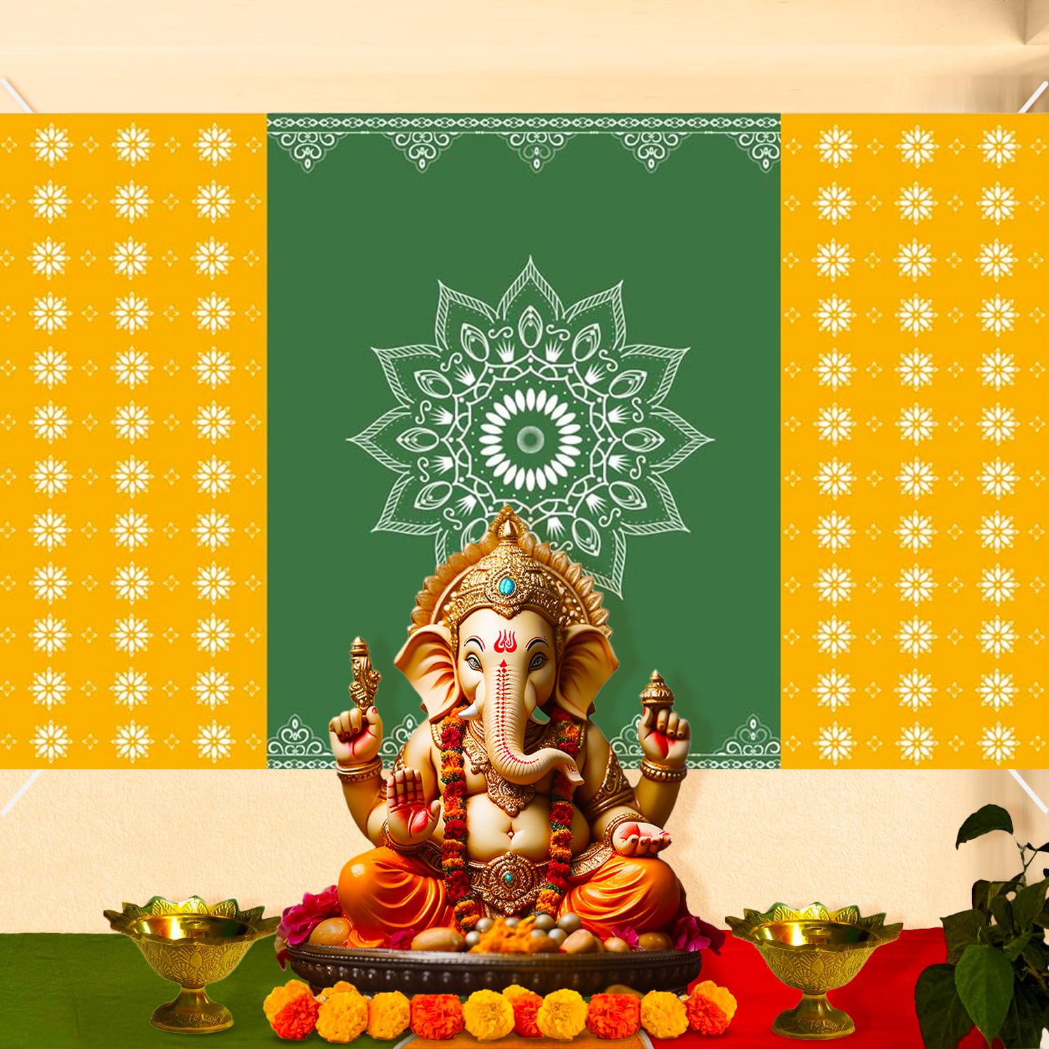Party Propz Traditional Backdrop Decoration Cloth, Diwali Decoration for Home Decor, Navratri Decorations Items, Annaprasana Decorations, Haldi Decor (Cloth Banner)(Green,Yellow) - Image 8 thumbnail