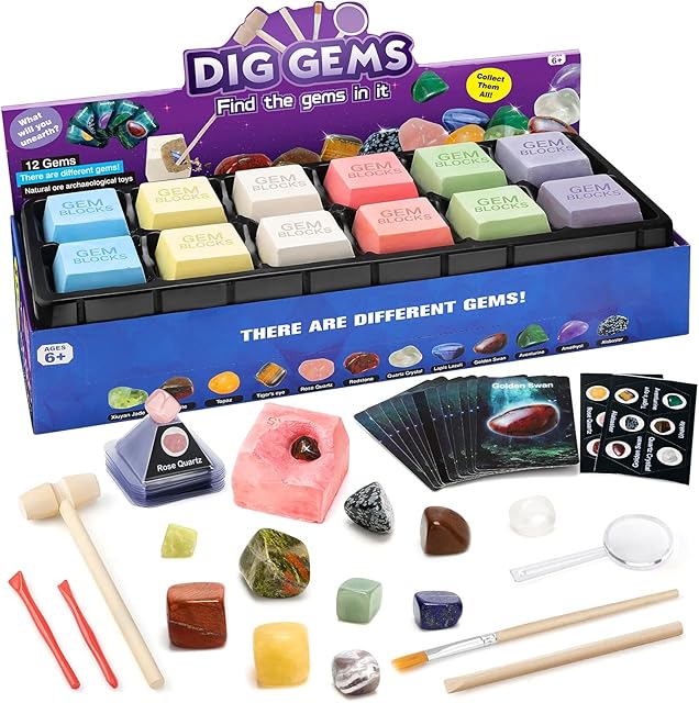 Sillbird Gemstone Dig Kit, Dig Up 12 Gems Blocks with Excavation Kit, Excavate Real Gemstones with Mining Tools, STEM Science Educational Toys Rock Collection Gift for Boys & Girls
