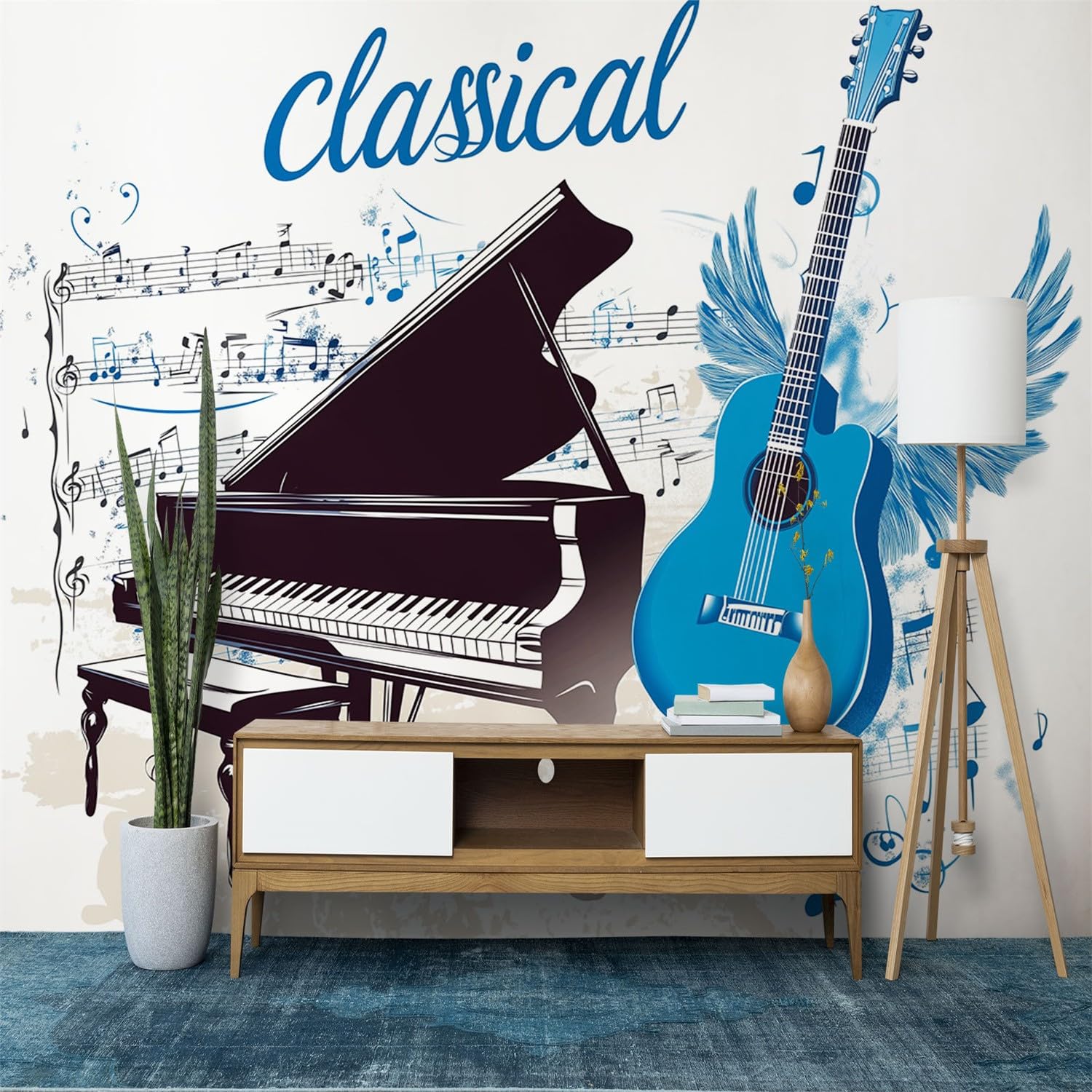 Papel pintado Panorámico Música Piano Guitarra, Papel pintado de pared Gigante Símbolos Musicales, mural moderno personalizado para sala de estar, dormitorio infantil, restaurante, 300 x 210 cm (L x H