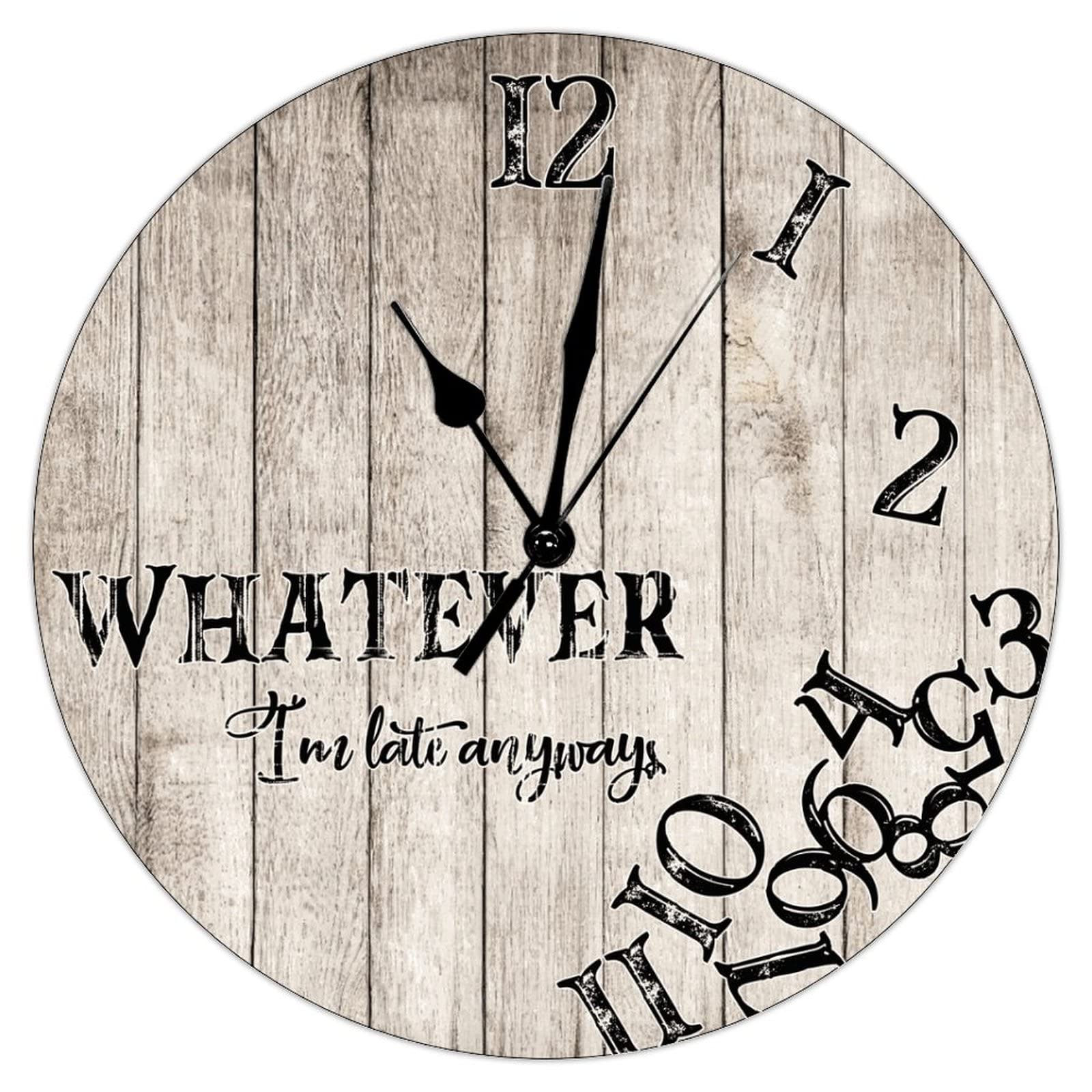 Swavecat Country Rustic Style Clocks Whatever I'm Late Anyways Decorative Wall Clock Rustic Distressed White Wood Grain Wooden Decorative Clocks Silent Clock for Living Room 12inch